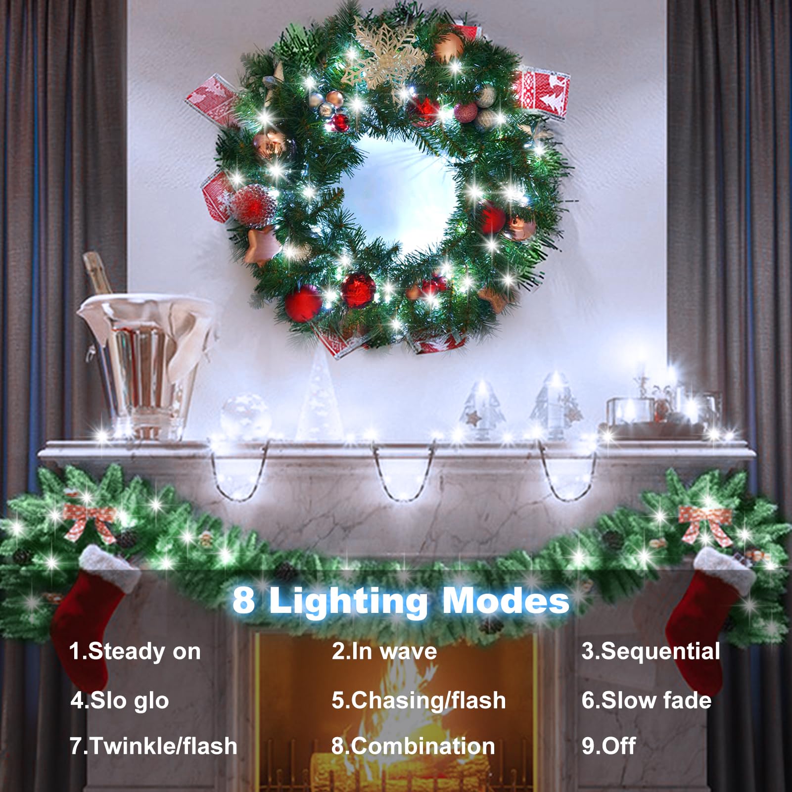 4 Pack Battery Operated Christmas Tree Lights,16.5 Ft Battery Powered String Lights With Auto Timer 8 Modes,50 Led Wreath String Lights For Indoor Outdoor Xmas Tree Party Decoration(Cool White )