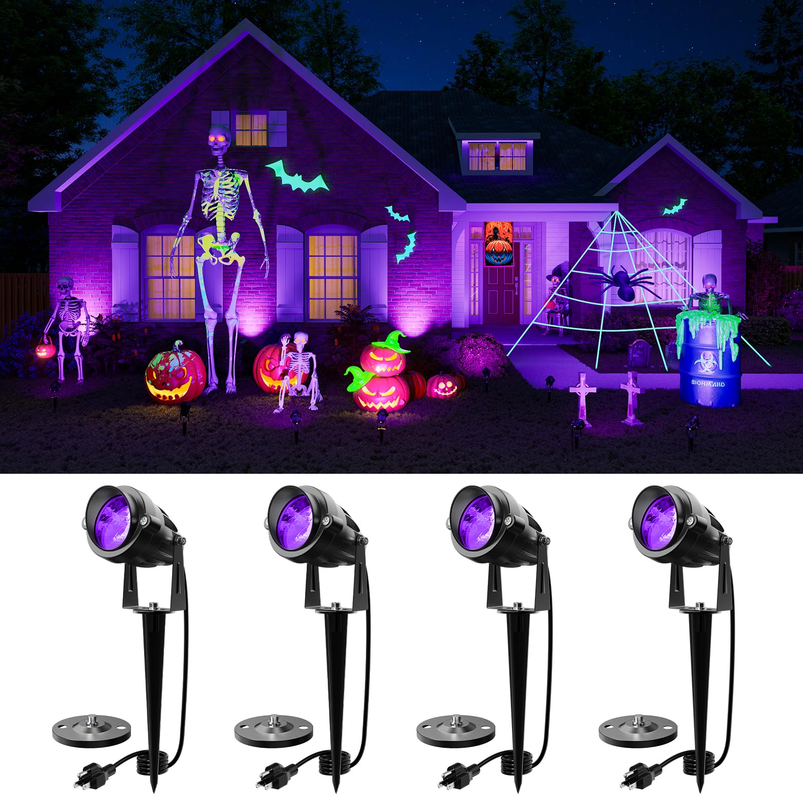 4 Pack Halloween Uv Landscape Spotlights For Outdoor Front Yard Waterproof Wired 120V Blacklight Spot Lights For Skeleton  Pumpkin  Ghost  Tree  Purple Ambiance Lighting For Porch  House  Wall  Lawn