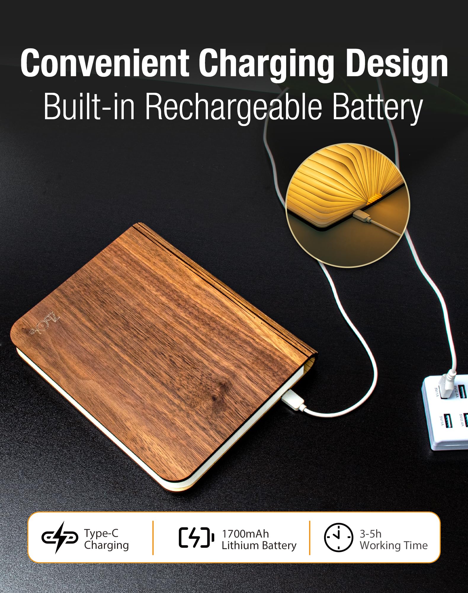 ZBOLE Wooden Book Lamp - 8.3 Inch LED Ambient Lighting, Walnut Color, Large Size, Ideal for Book Lovers & Teacher Appreciation Gifts