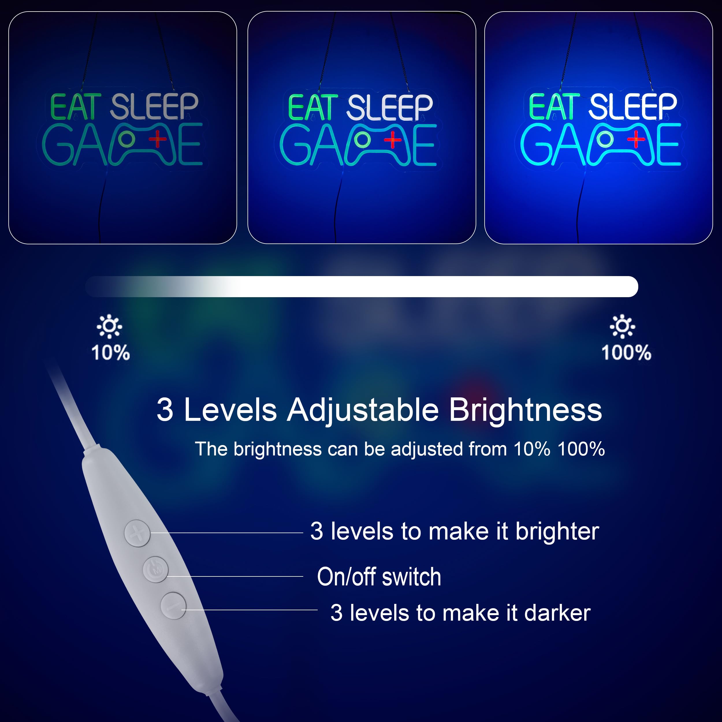 Roouneon LED Neon Sign, EAT SLEEP GAME, Dimmable, Acrylic, 17”x 8”, Blue, Man Cave Decor
