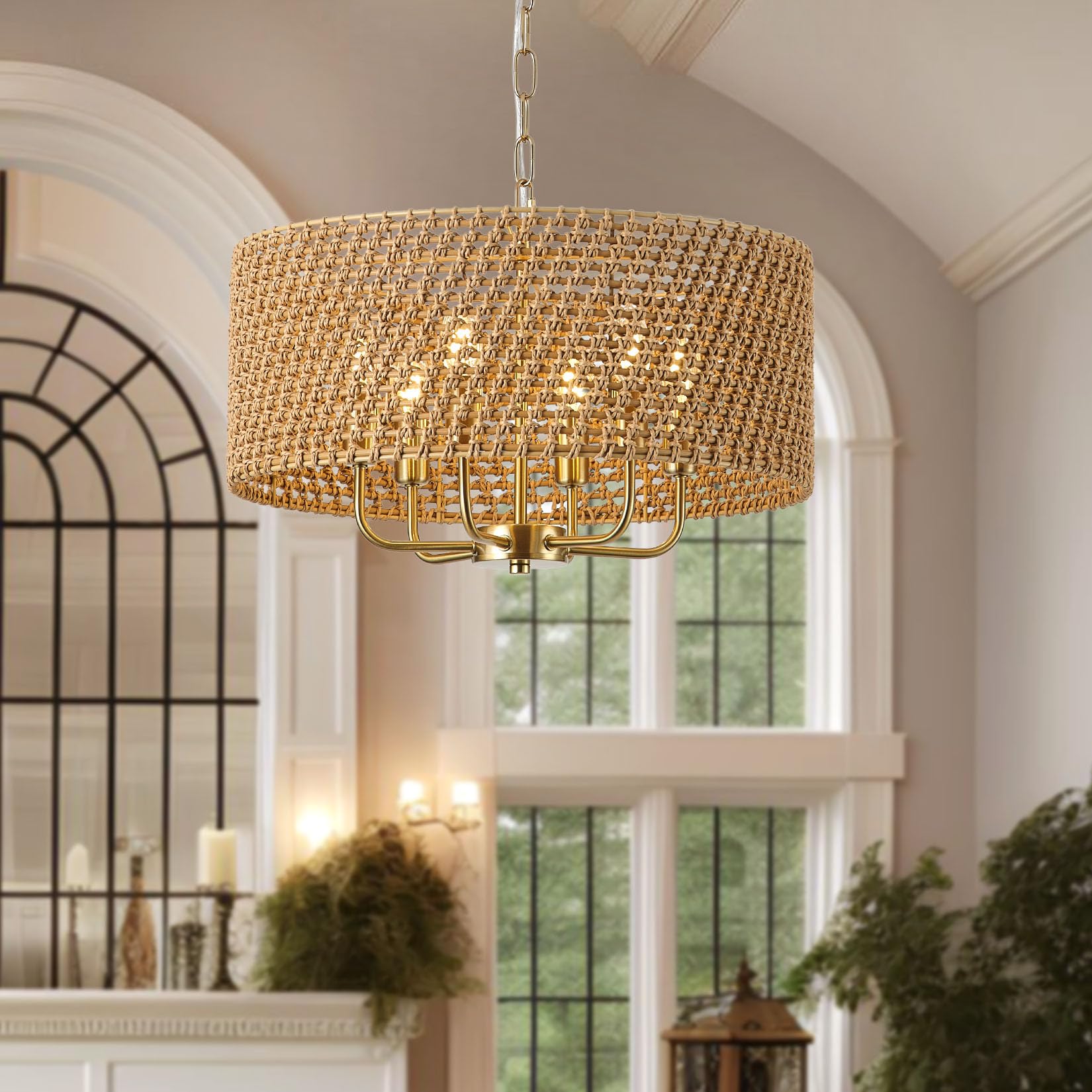 Giutna 20" Large Boho Rattan Chandelier, 6-Light Hand-Woven Pendant Light Fixture, Vintage Gold for Dining Room & Kitchen Island