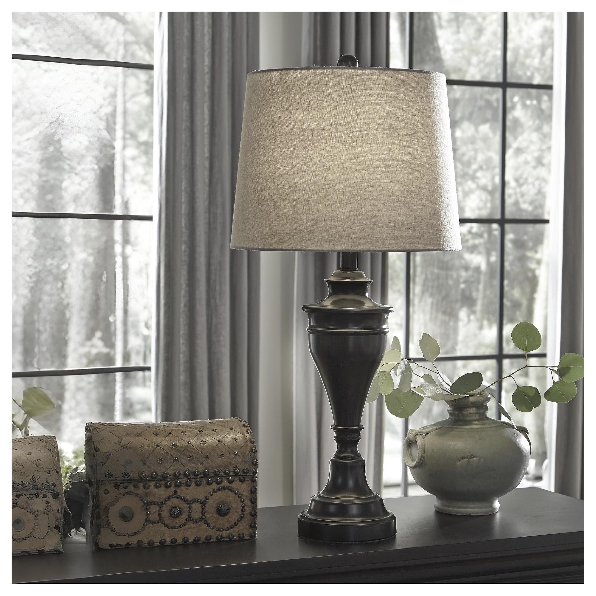 Signature Design by Ashley Darlita Table Lamp Set, 29", Metal & Fabric, Dark Brown with White Shade, Model L204024