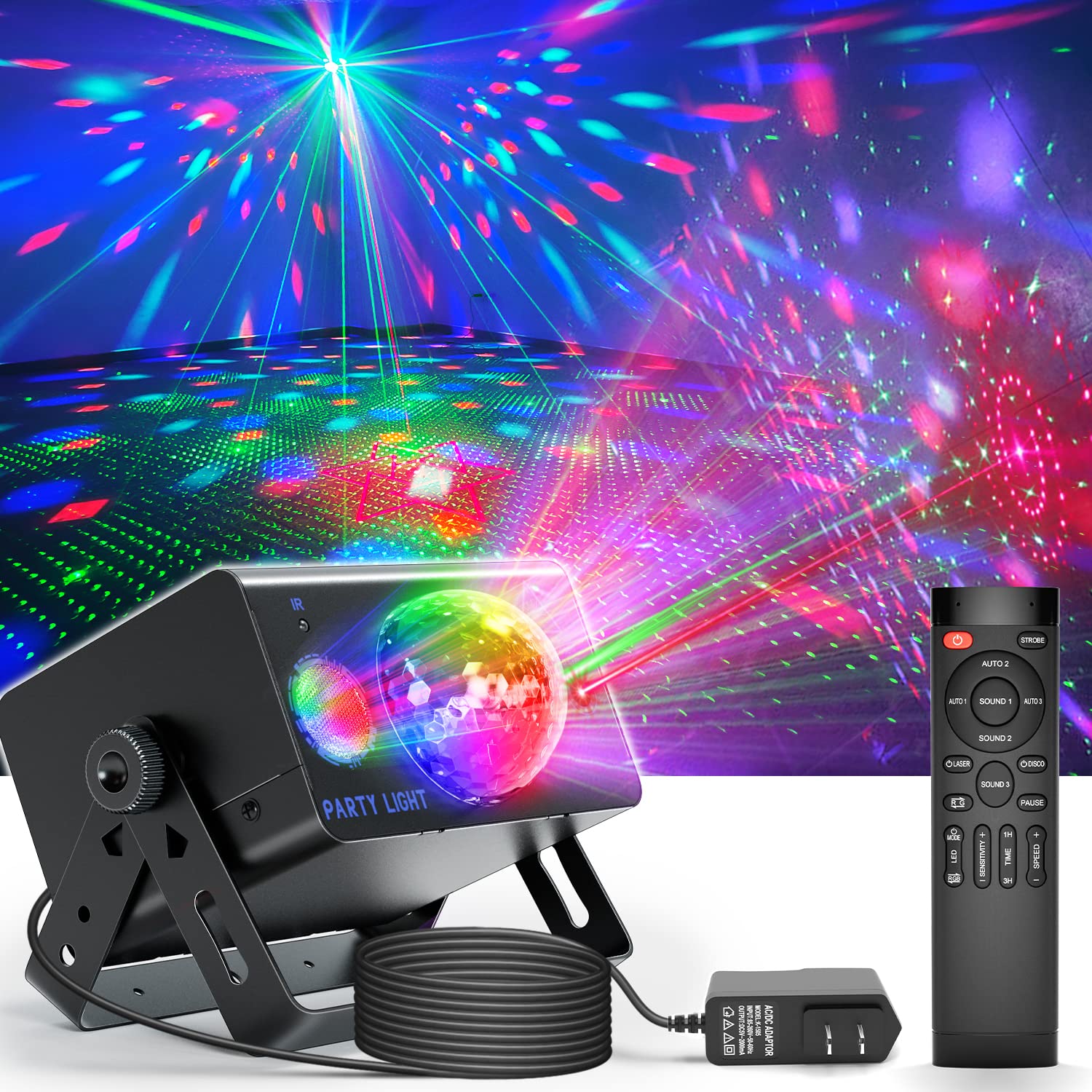 caivimvn Disco Ball Light, LED Sound Activated Stage Lights, Remote Control, Black, Model YUEKEJI-10