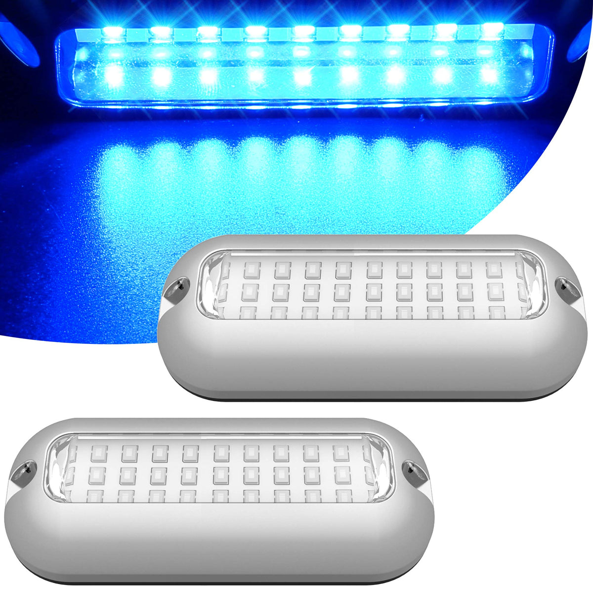 Husuku Soop3 Mini Blue 50W 27Led Waterproof Stainless Steel Transom Led Light, High-Intensity Marine Led Underwater Lights (2 Pcs)