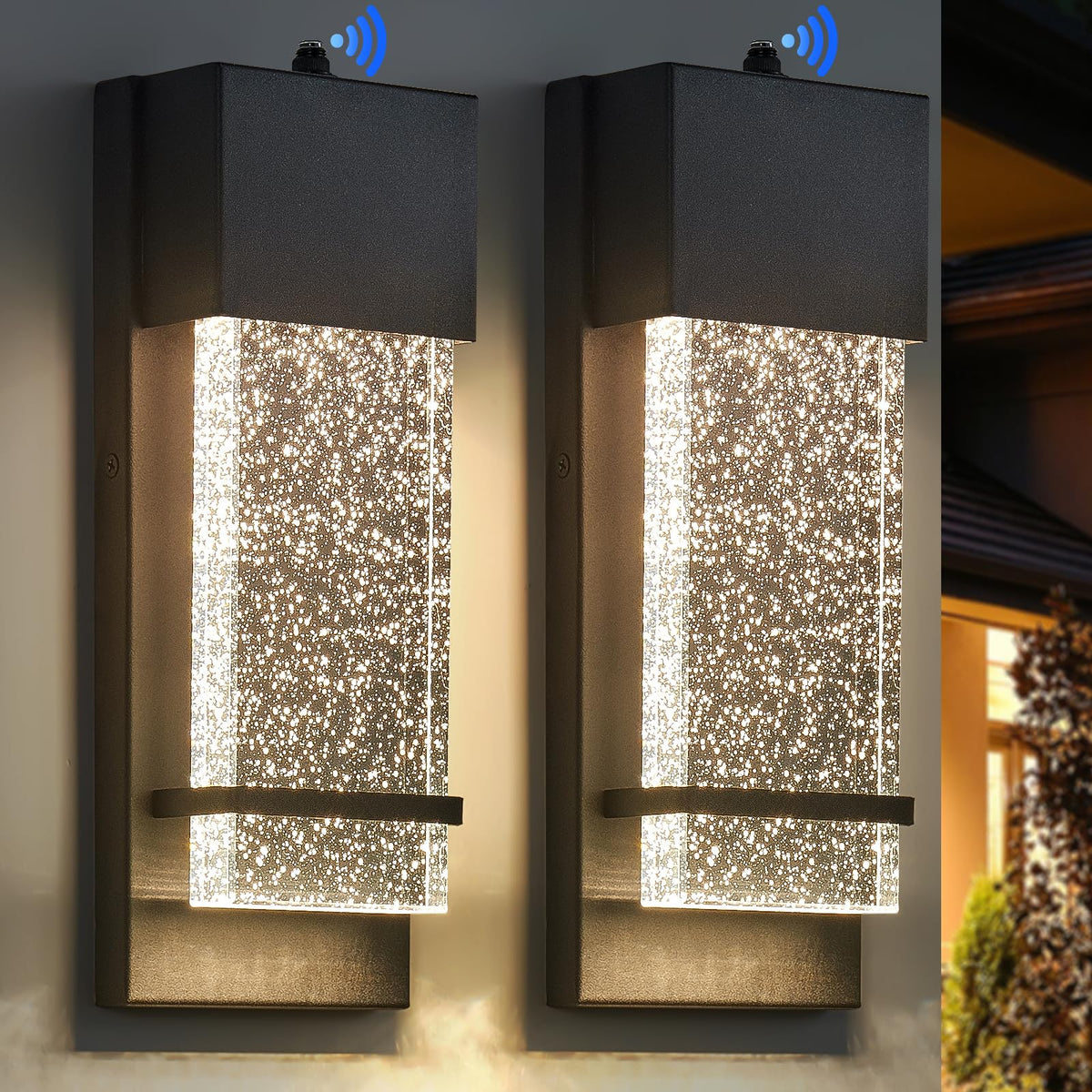 Yisuro Dusk To Dawn Black Porch Lights, Crystal Bubble Glass Led Wall Lamps, 2 Pack