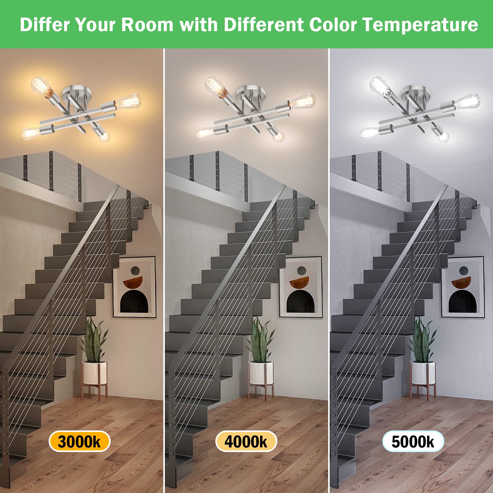 Brushed Nickle Semi Flush Mount Ceiling Lights, 4-Light Modern Industrial Sputnik Chandelier Light Fixture, Silver Flush Mount L