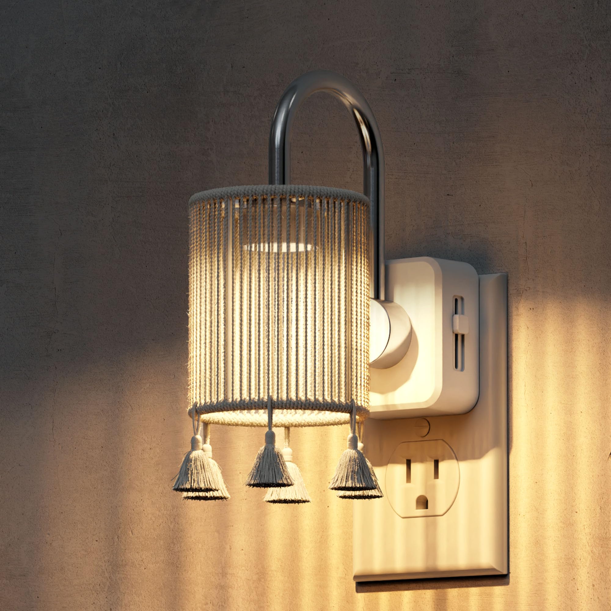 L LOHAS LED Night Lights Plug into Wall, Boho Fabric Cylinder Night Light with Tassel, 0-100LM Dimmable Night Lights, Dusk to Da