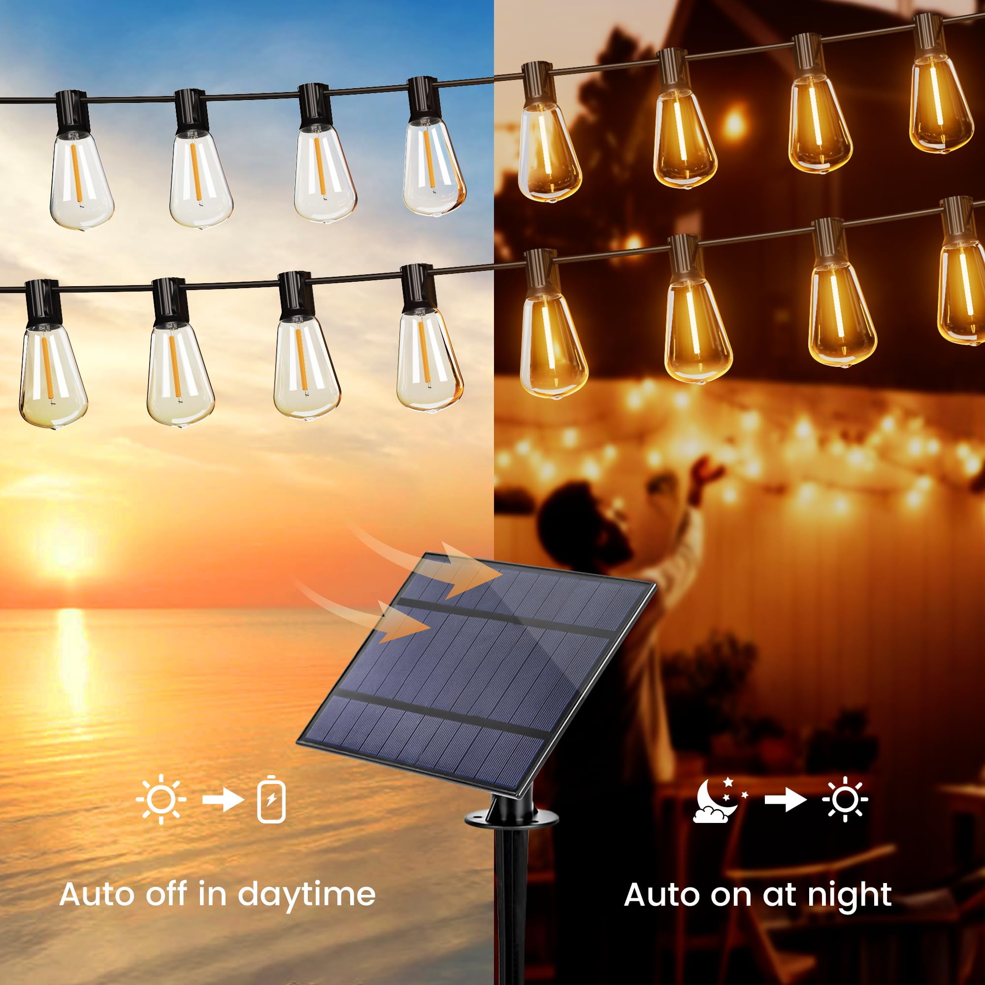 OHLUX Solar String Lights 120FT with Remote, 2200K Soft Warm Light, 52 Shatterproof ST38 Bulbs, Dimmable Outdoor Edison Hanging Lights