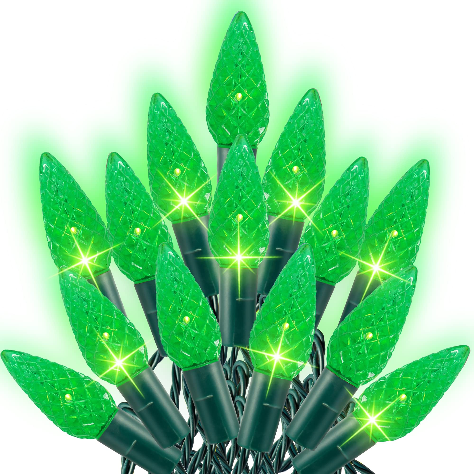 Dazzle Bright C6 Christmas String Lights, 200 LED, 66 FT, Waterproof, 8 Modes, Green, Model HB-300COI