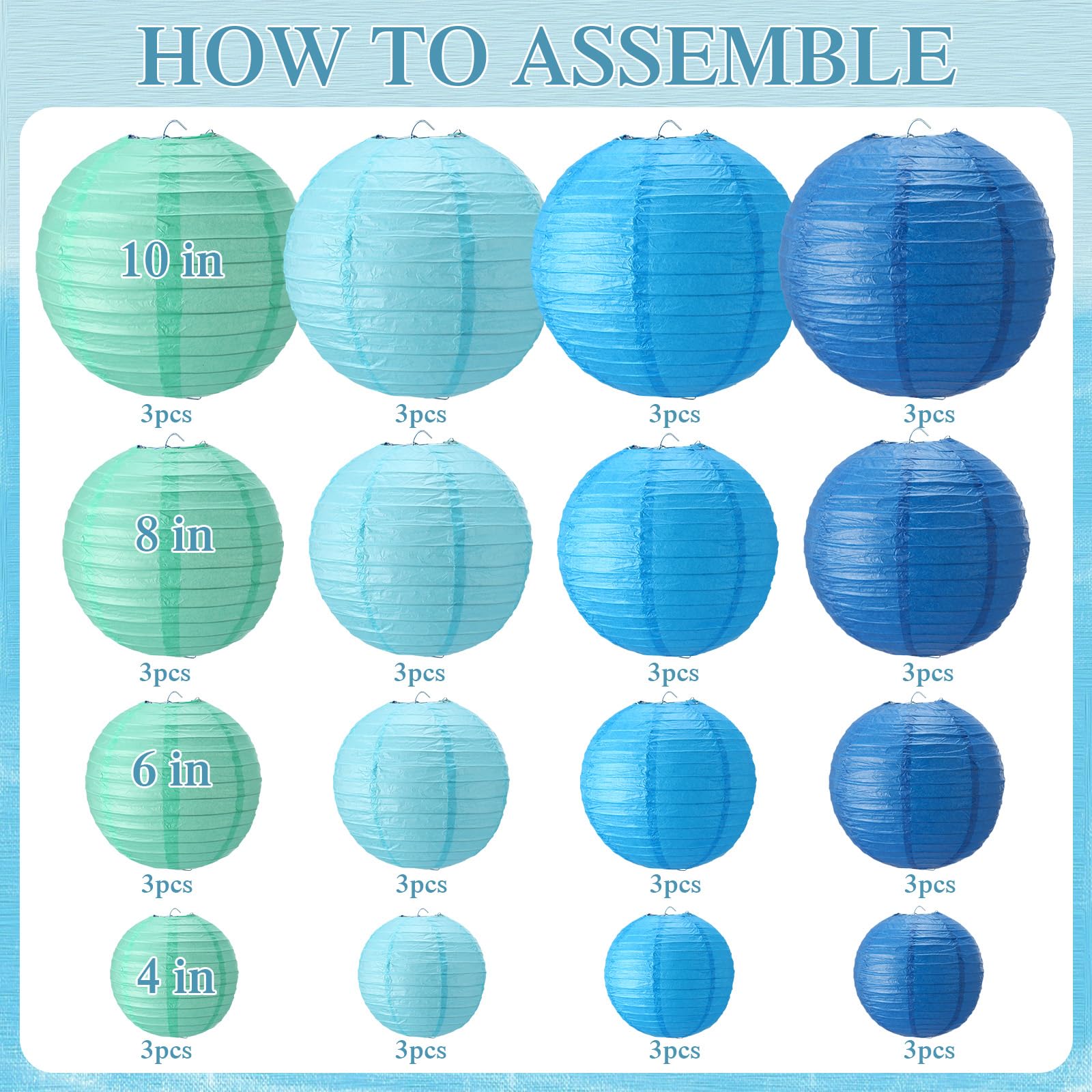 Treela 48 Pcs Paper Lanterns Party Decorations Chinese Round Paper Lanterns 4/6/8/10 Inch Asian Hanging Lanterns Lamps Decorative For Birthday Party Supplies(Blue Series)