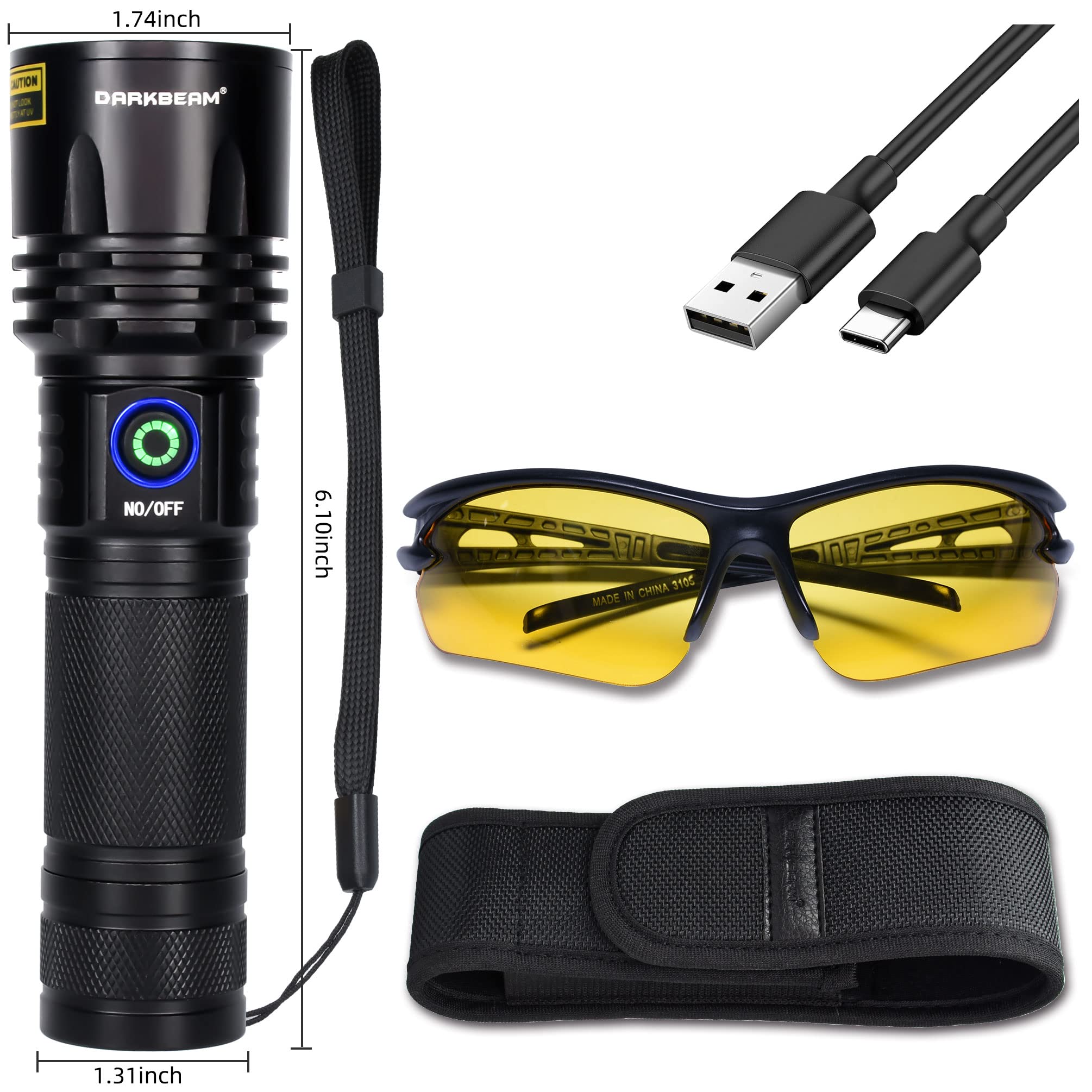 DARKBEAM UV Flashlight - 20W LED Black Light, 365nm USB-C Rechargeable, Aluminum, Model B14, Ideal for Pet Urine Detection & Resin Curing