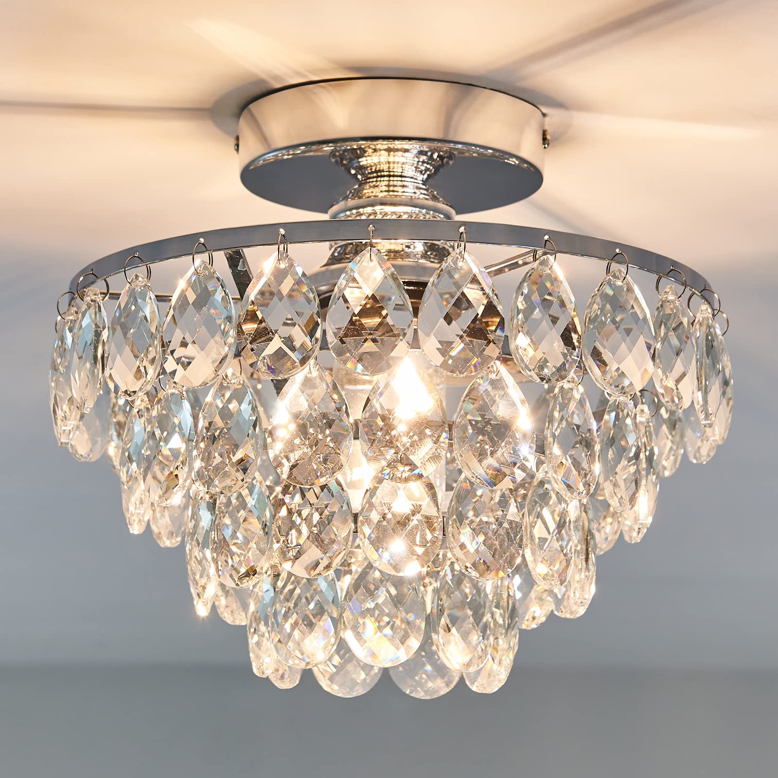 Yyjlx Modern E26 Silver Crystal Chandelier Semi Flush Mount Ceiling Light For Hallway & Bedroom