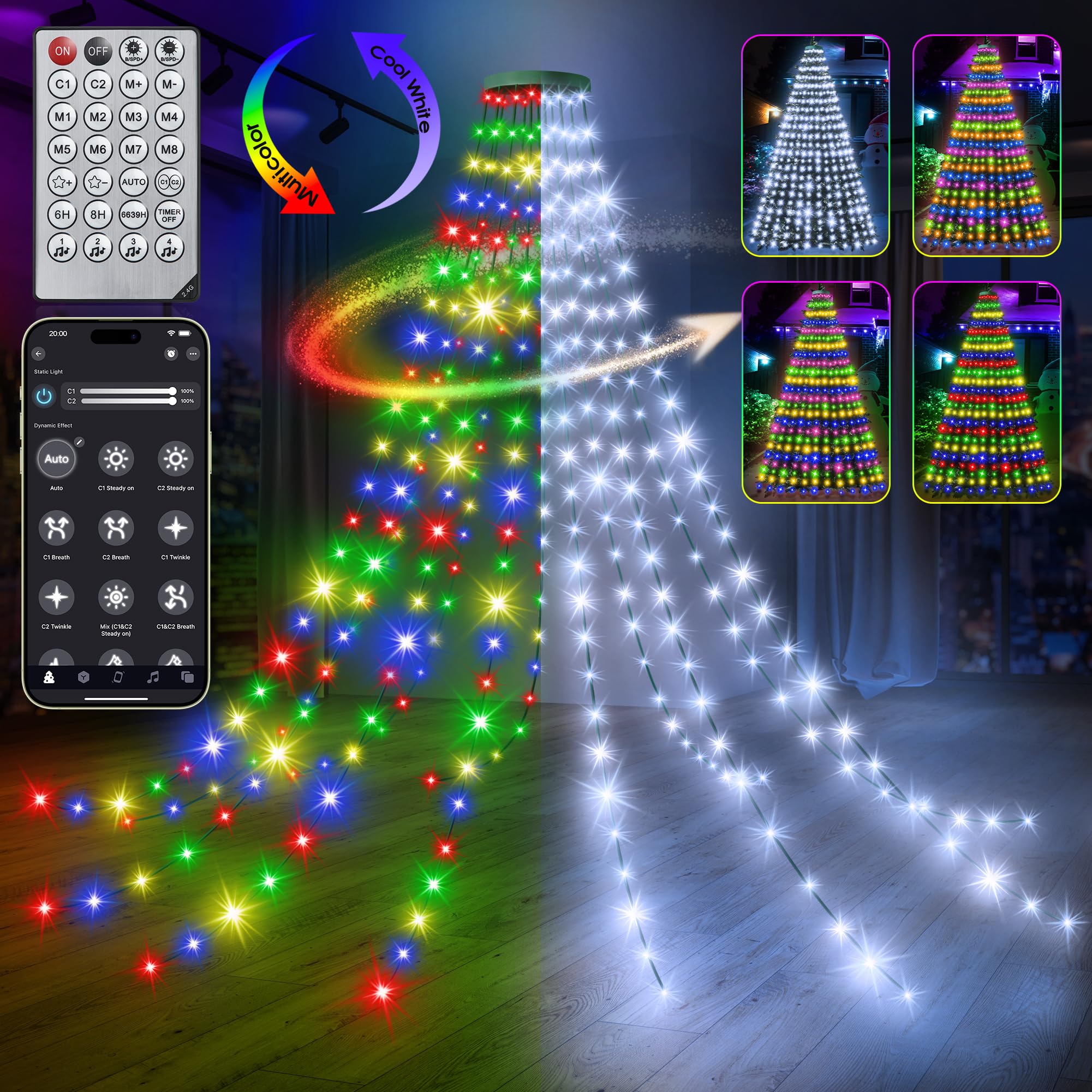 30+ Modes Ring Christmas Tree Lights Indoor Outdoor - 10Ft X 12 Lines 432 Led Easy App Control Color Changing Timer Remote Waterproof For 7.5 8 9 10 11 Ft Xmas Trees (Cool White To Multicolor)