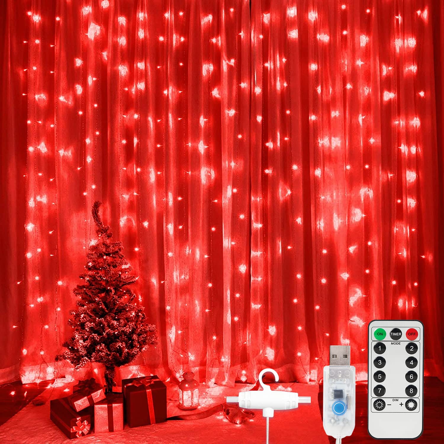SUNNEST LED Curtain Lights, 300 LEDs, 9.8FT x 9.8FT, USB, 8 Lighting Modes, Remote Control, Red, Model SUNNEST-CDL