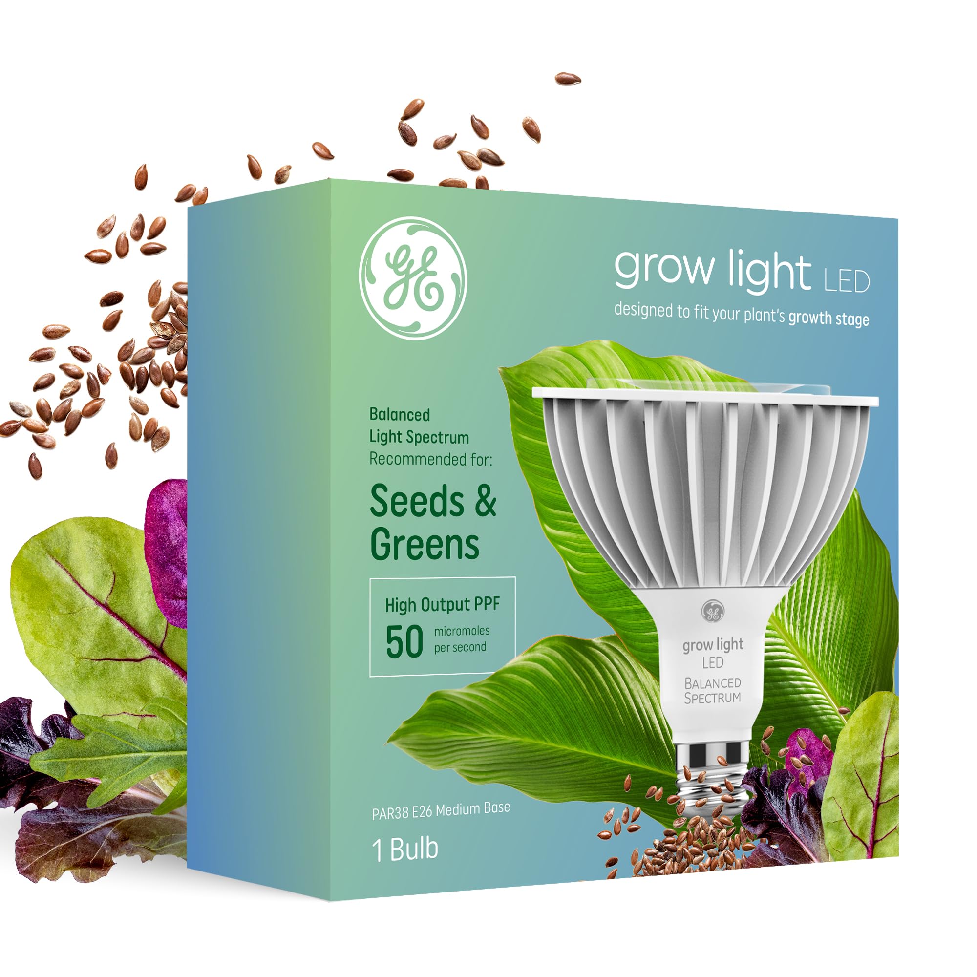 GE Grow LED Light Bulb  PAR38 Flood Light  Indoor LED Grow Lights for Plants  Seeds and Greens  Balanced Light Spectrum  25 000 Hours Lifespan  50 PPF  1 Pack (Packaging May Vary)