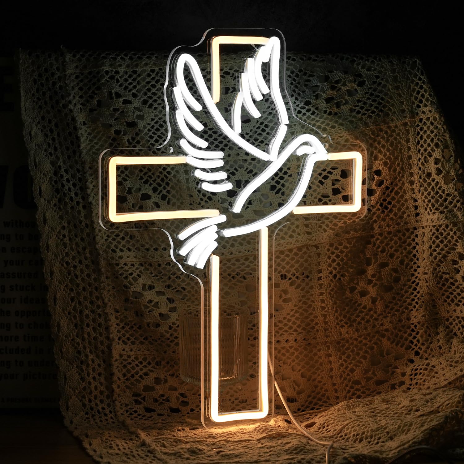 GNVETZLL Cross Neon Sign Dimmable LED Light for Wall Decor, White Dove of Peace, USB Powered, Warm White, Wedding, Party Decor