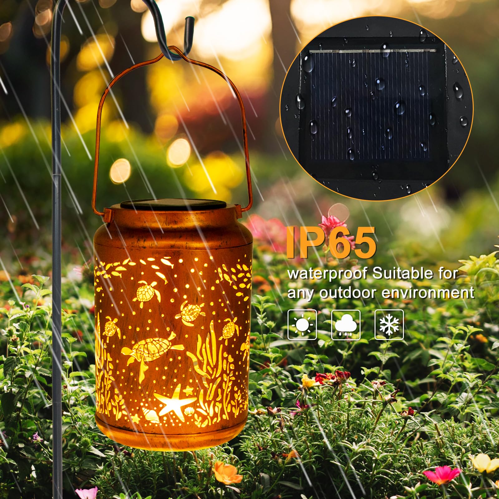YISITEONE Solar Lanterns 2 Pack, Metal Waterproof Hanging Decor, Brown, Model ES04250300008 for Patio Yard Pathway Lawn