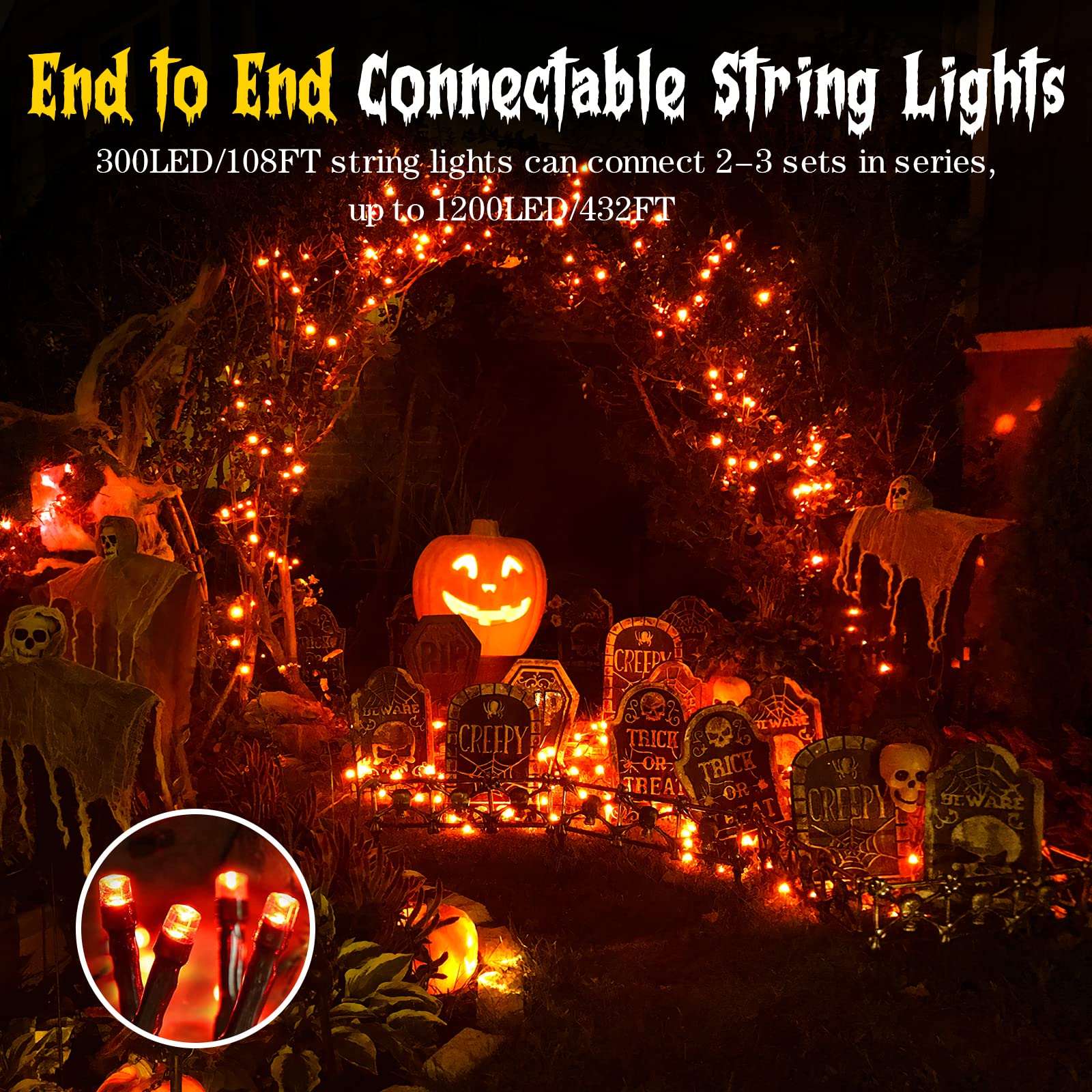 Techip Halloween Lights Orange String Lights Outdoor Indoor Waterproof 300Led Incandescent Mini String Lights 108Ft Halloween Decorations For Tree Garden Party Carnival Thanksgiving Christmas Decor