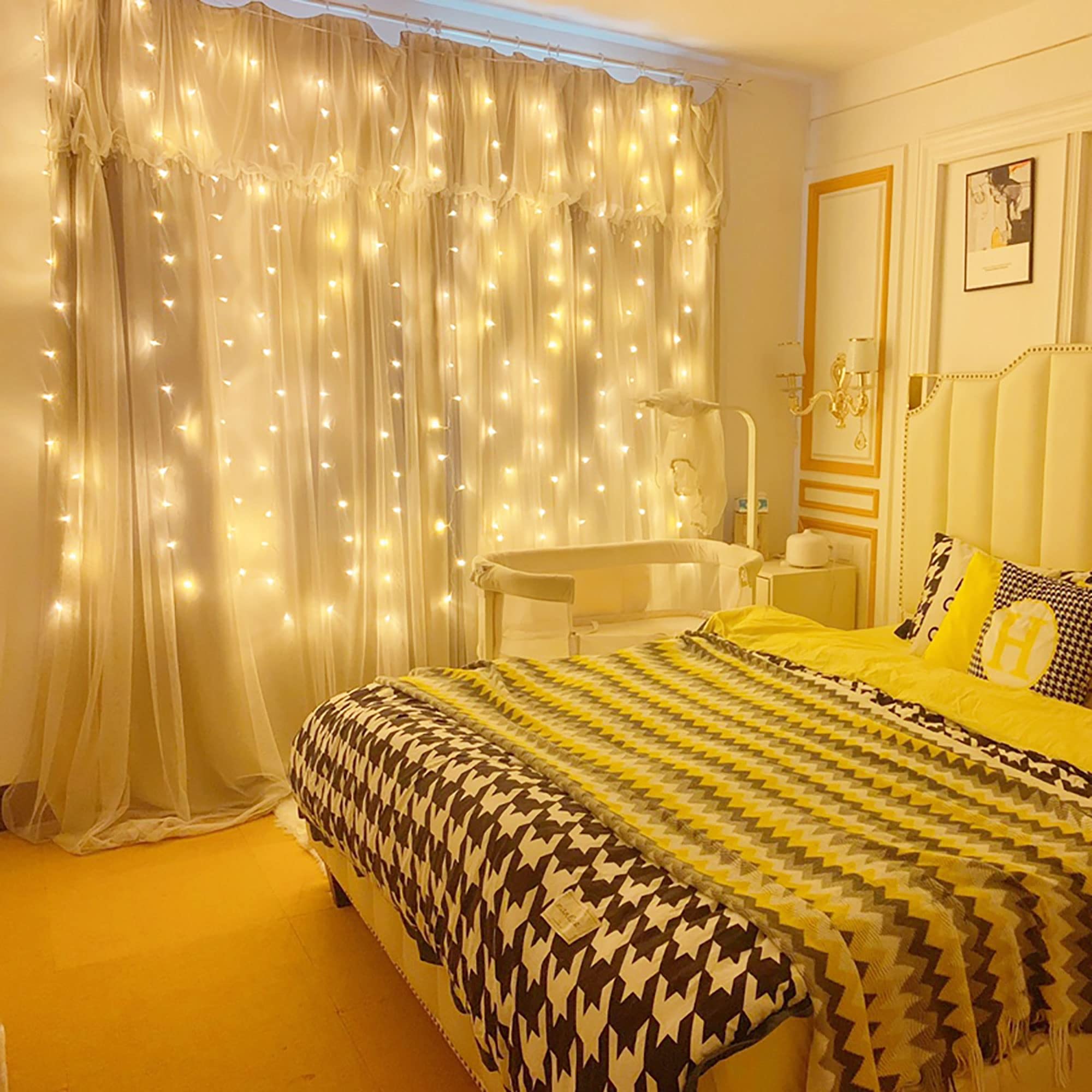 Dazzle Bright 300 LED Curtain String Lights, 9.8ft x 9.8ft, Warm White, Waterproof, 8 Lighting Modes for Home, Party, Wedding Decor