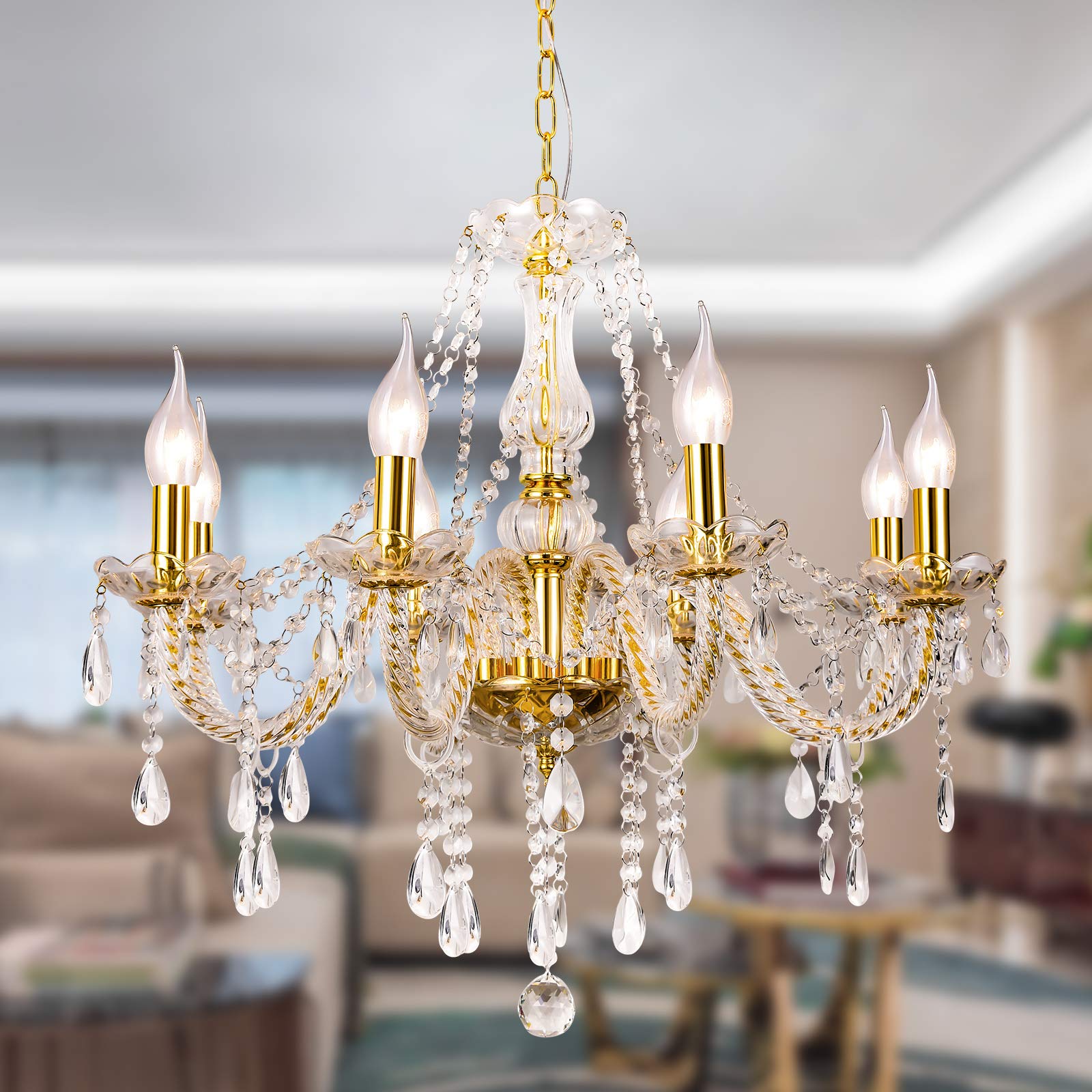 Gold Color Luxurious Candle Crystal Chandelier, 8 Lights K9 Modern Crystal Chandelier For Dining Room, Glass Ceiling Pendant Lamp For Living Bedroom Lighting Hall Balcony (8 Lights, Gold)