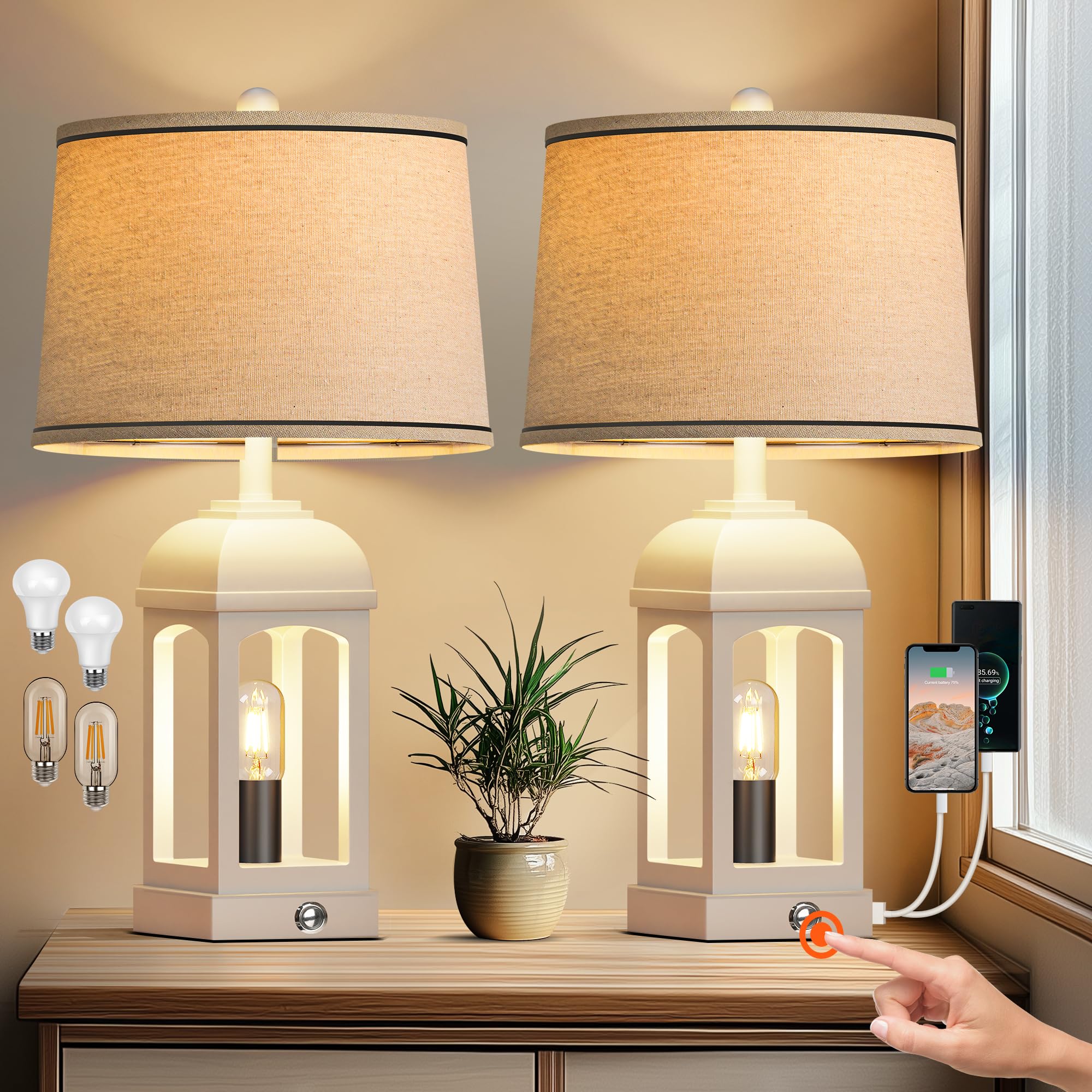 QiMH Table Lamp Set of 2, Rustic 26in White Nightstand Lamps with USB A+C, 3-Way Dimmable Touch Control