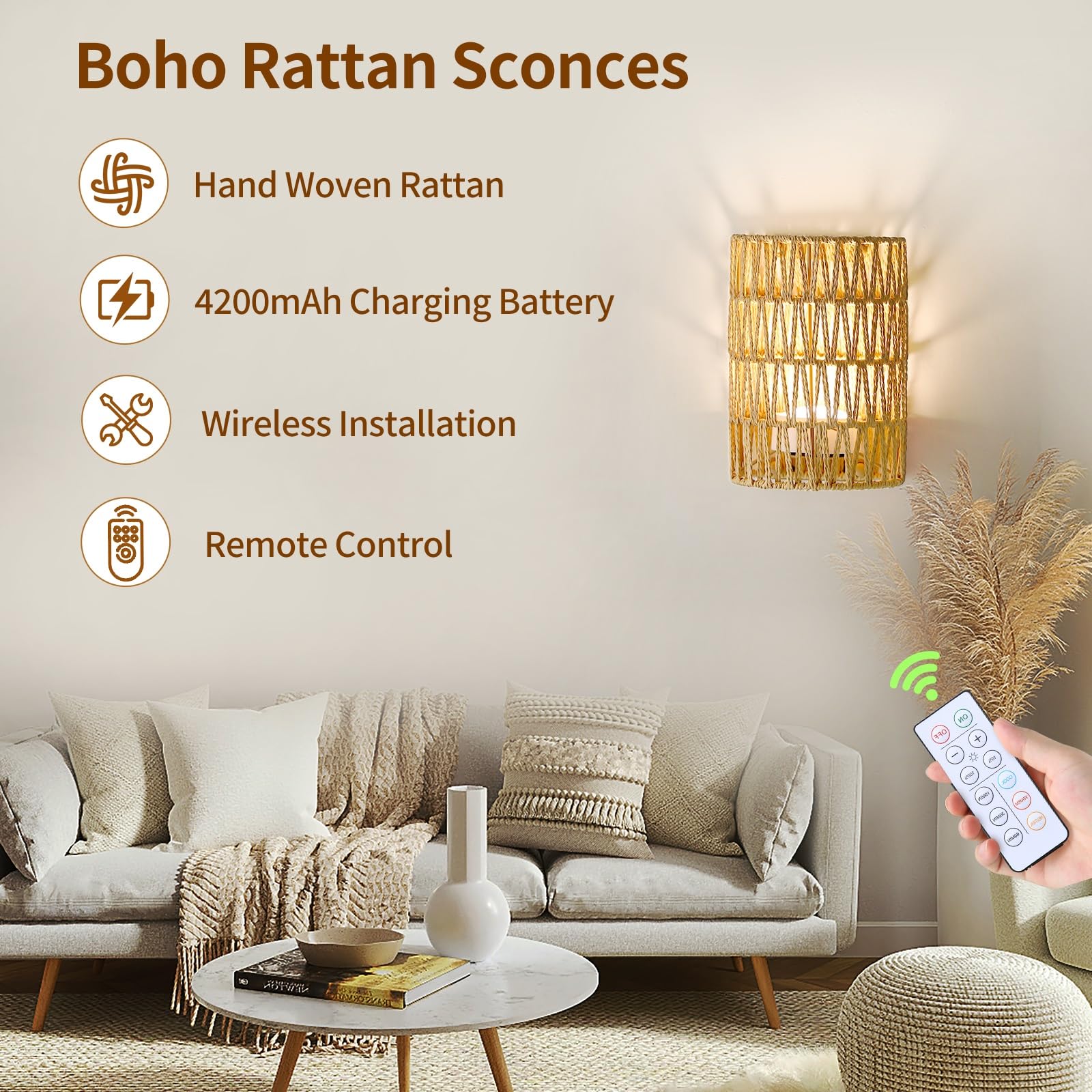 Espossi Battery Operated Wall Sconce Set of 2, Rattan Rechargeable, Wireless with Remote, Boho Design for Bedrooms & Living Room