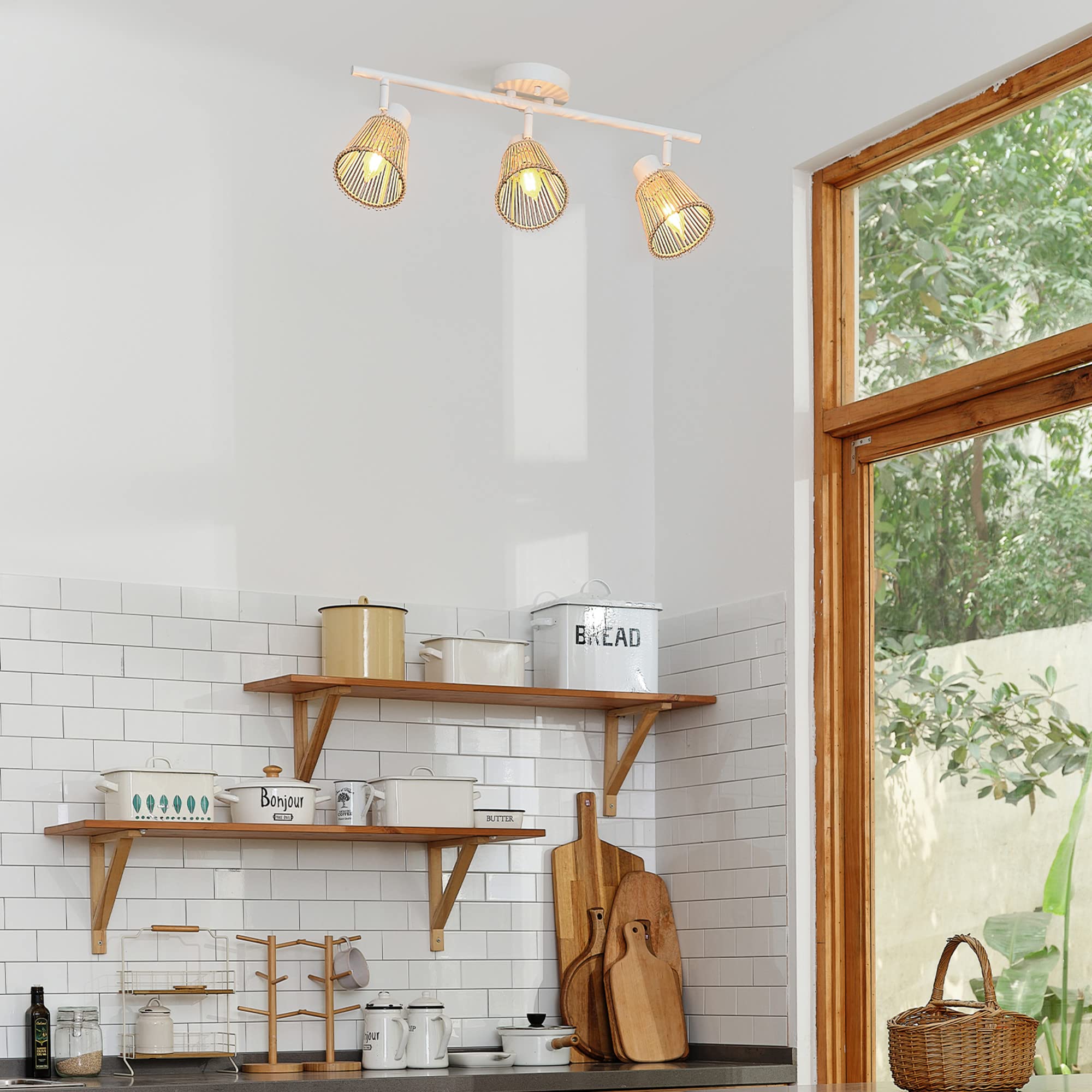 Globe Electric 64000043 22'' 3-Light Track Lighting, Matte White, Bamboo Shades, Pivot Shade, Ceiling Light, Track-Light Heads,