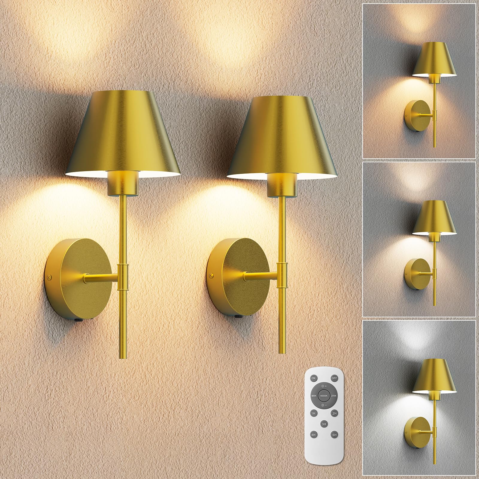 VOLISUN Battery Operated Wall Sconces Set of Two, Brushed Gold, Rechargeable with Remote, LED Lights for Living Room, Bedroom, Hallway