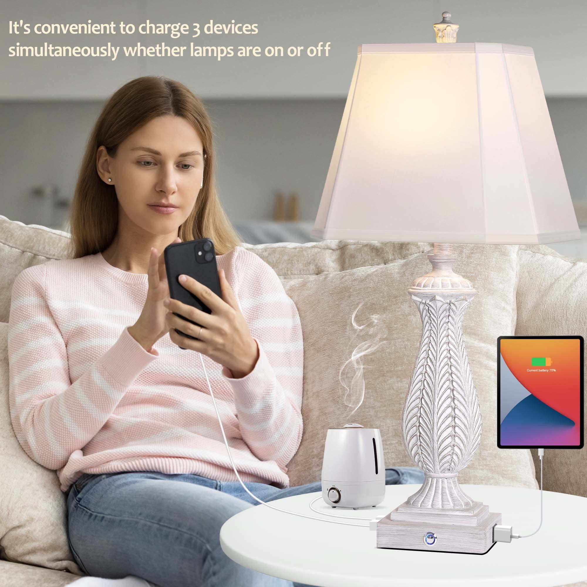 WIHTU 3-Way Dimmable Table Lamps Set of 2, 30in H, Washed White Resin, Touch Control, USB & Type-C Ports