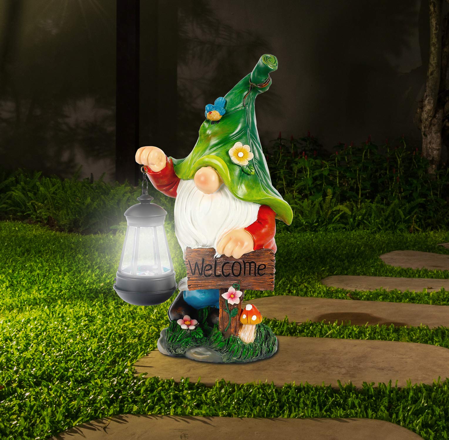 Wogoon Solar Garden Gnome Statue With Lantern & Welcome Sign, Outdoor Yard Art Decor