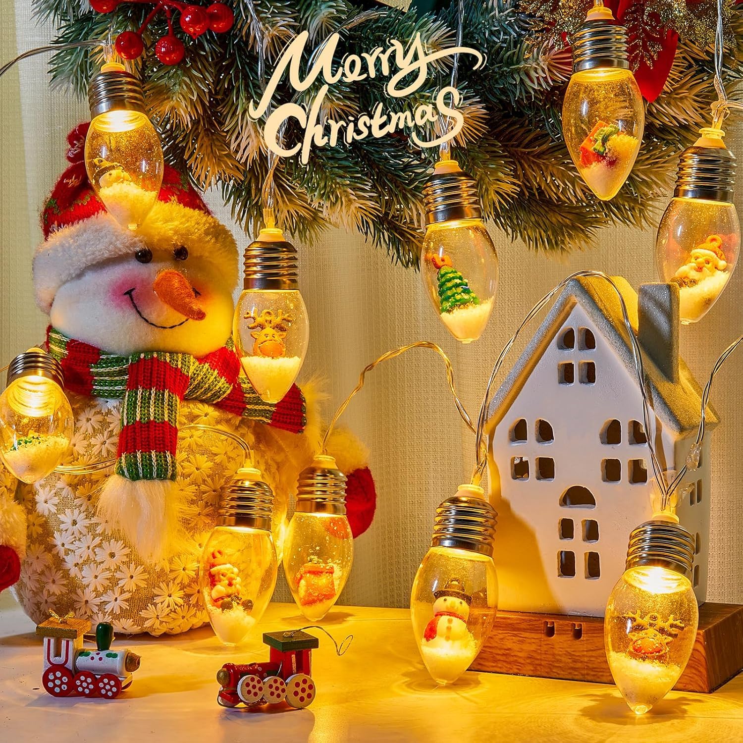 Brightown Indoor Christmas Lights, 7.5FT Battery Powered, Warm White, Acrylic, Santa & Ornaments, Ideal for Tree & Party Decor