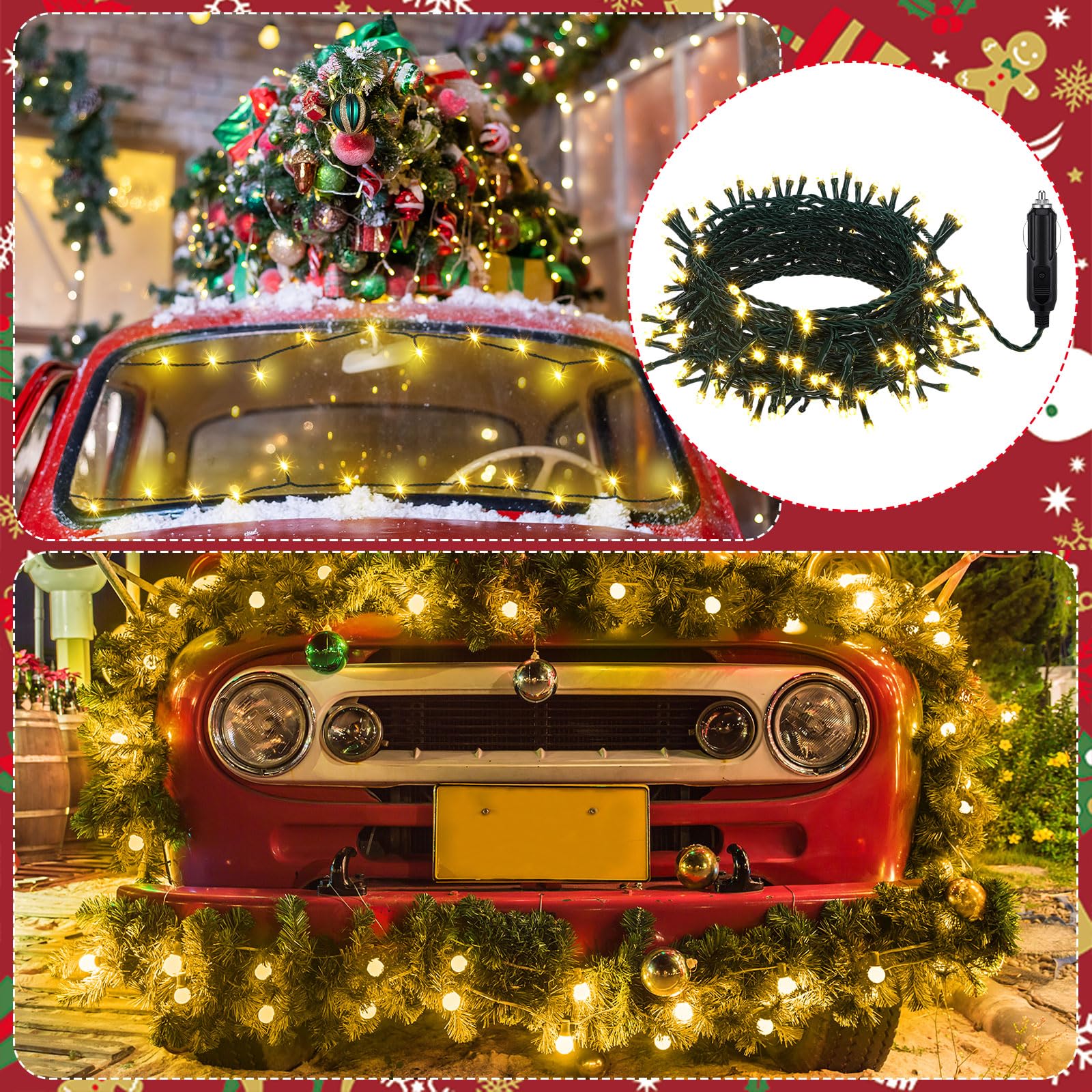 Aurelema 12V LED String Lights - 66 ft, 200 Warm Yellow Waterproof Lights for Christmas Car Decorations, Model MJO-Aurelema-1542
