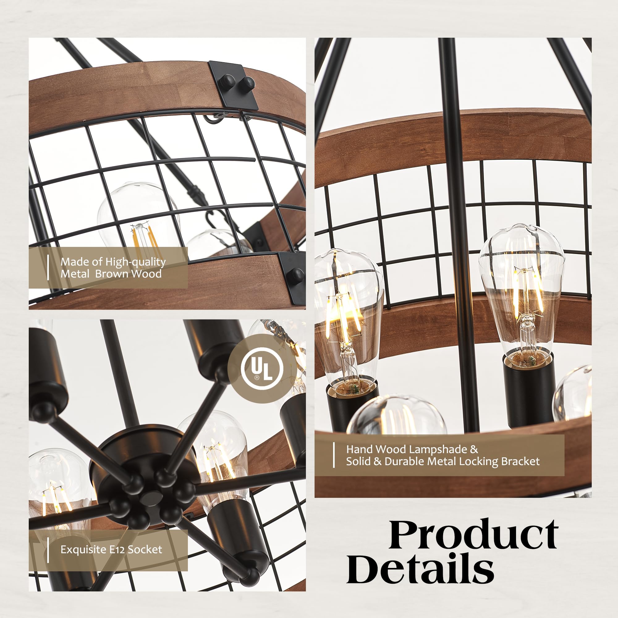 Faibra 6-Light Farmhouse Drum Pendant Light - Vintage Rustic Brown Oak, 20.55in, Ideal for Dining Room, Entryway, Bedroom