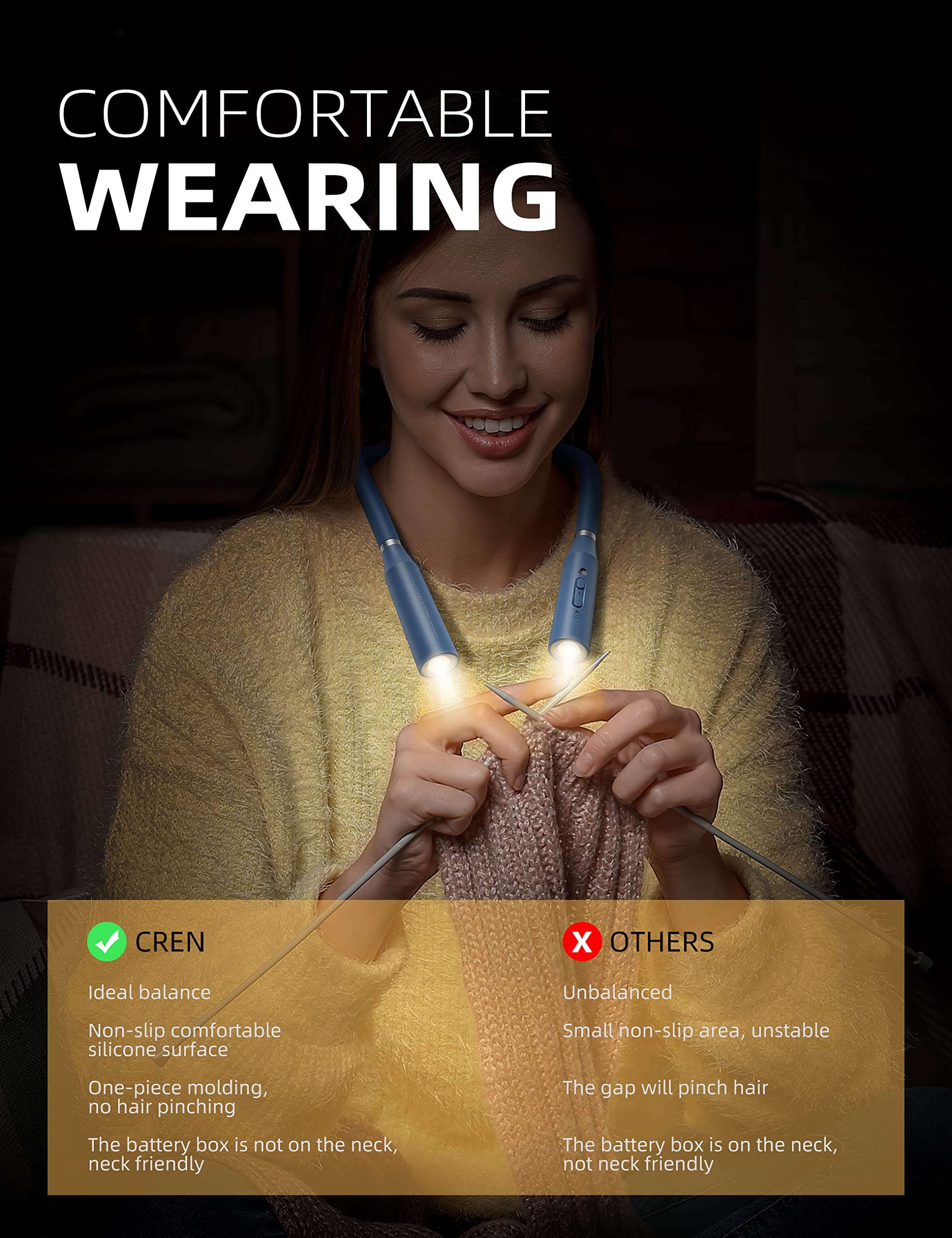 Cren Neck Light For Reading In Bed, Rechargeable Book Reading Light Around Your Neck, Flexible Arm-Neck Lights For Crafts, Readi