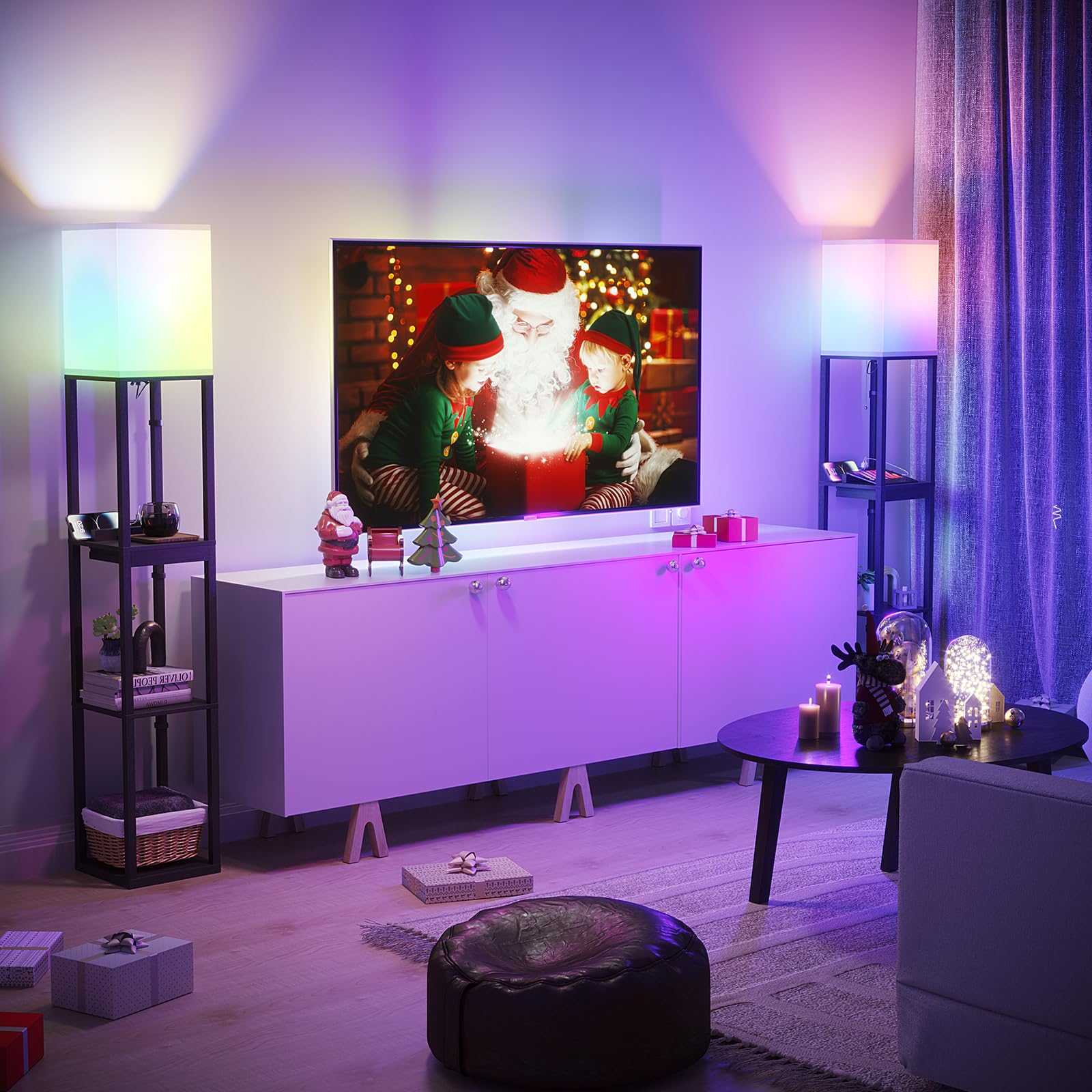 Sunmory Floor Lamp With Shelves, Rgb Light Dimmable Standing Lamp With App Control, Tall Shelf Lamp For Living Room And Bedroom,