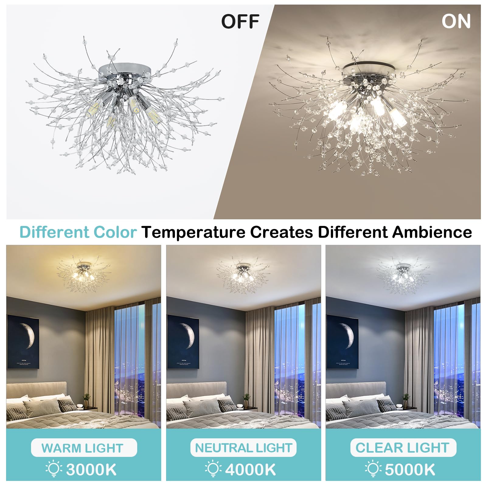 HMVPL Chrome Crystal Mini Firework Chandelier, 4-Light, Modern Design, Model 230401A1, Suitable for Bedroom, Kitchen, Dining Room