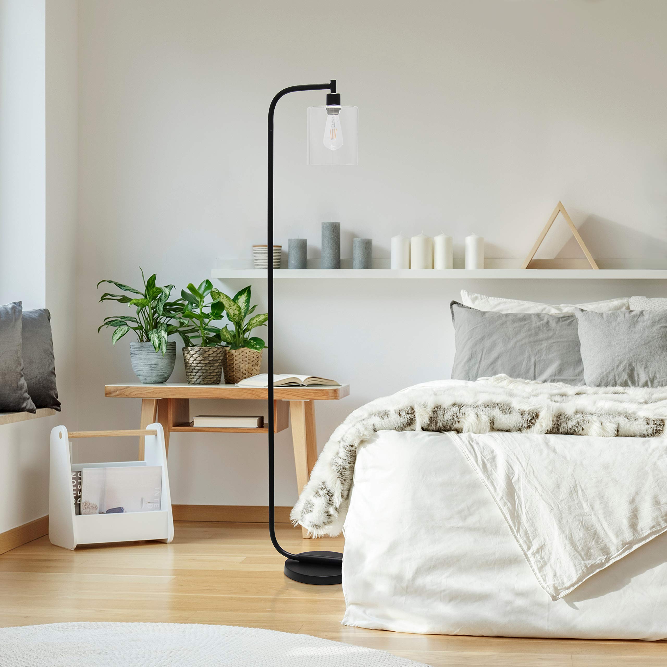 Simple Designs Lf1036-Blk Antique Style Industrial Iron Lantern Floor Lamp With Glass Shade, Black 12 X 10 X 63