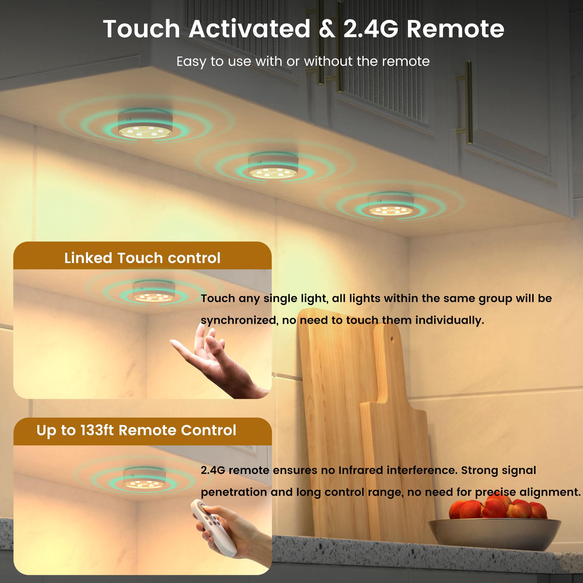 Rechargeable Under Cabinet Lighting Puck Lights With 2.4G Remote 2600Mah Sync And Groupable Color Changing Magnetic Stick On Tap