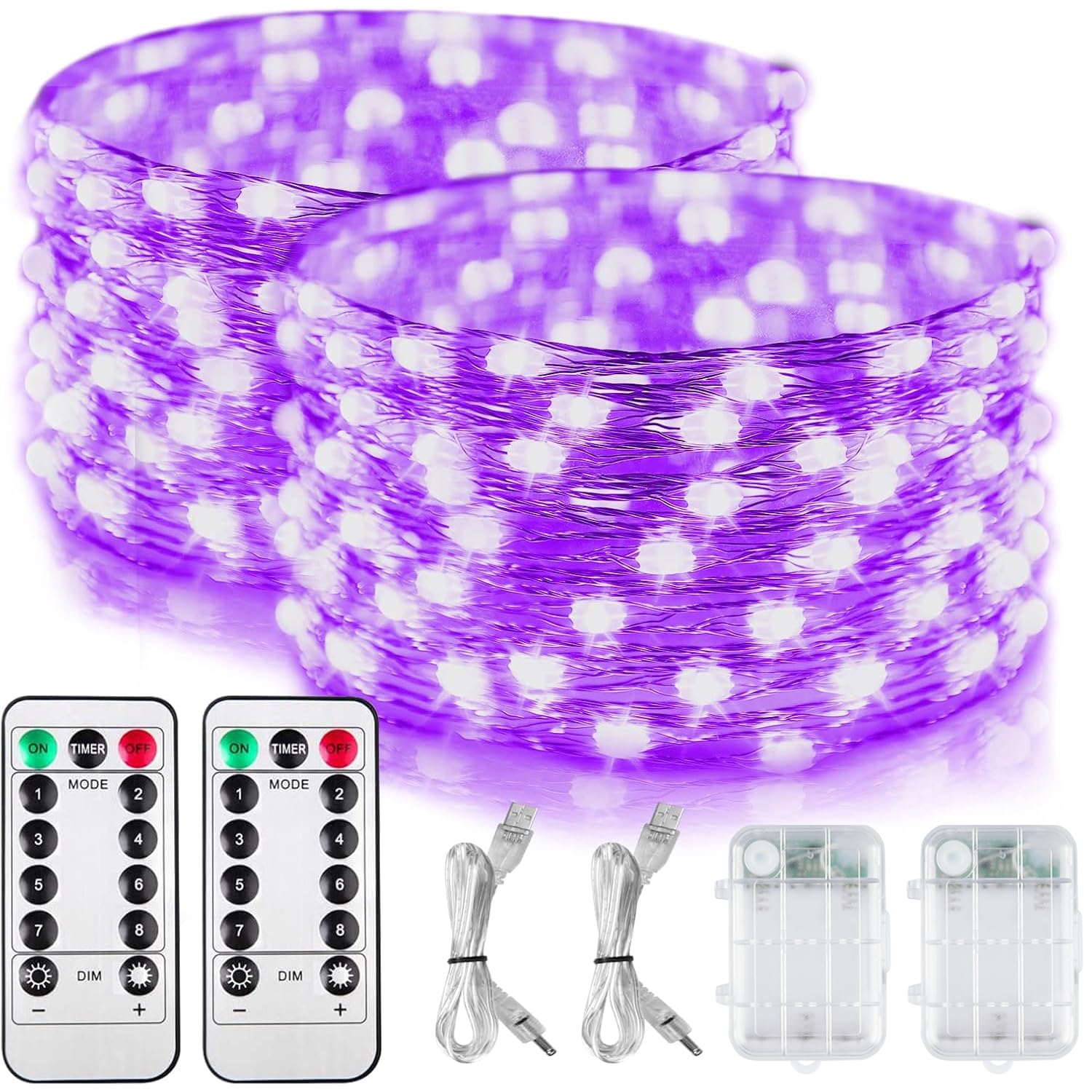Omika 2 Pack Battery Operated Uv Blacklight Led String Lights 16.4Ft, 8 Modes, Purple, Flexible With Remote For Halloween Décor