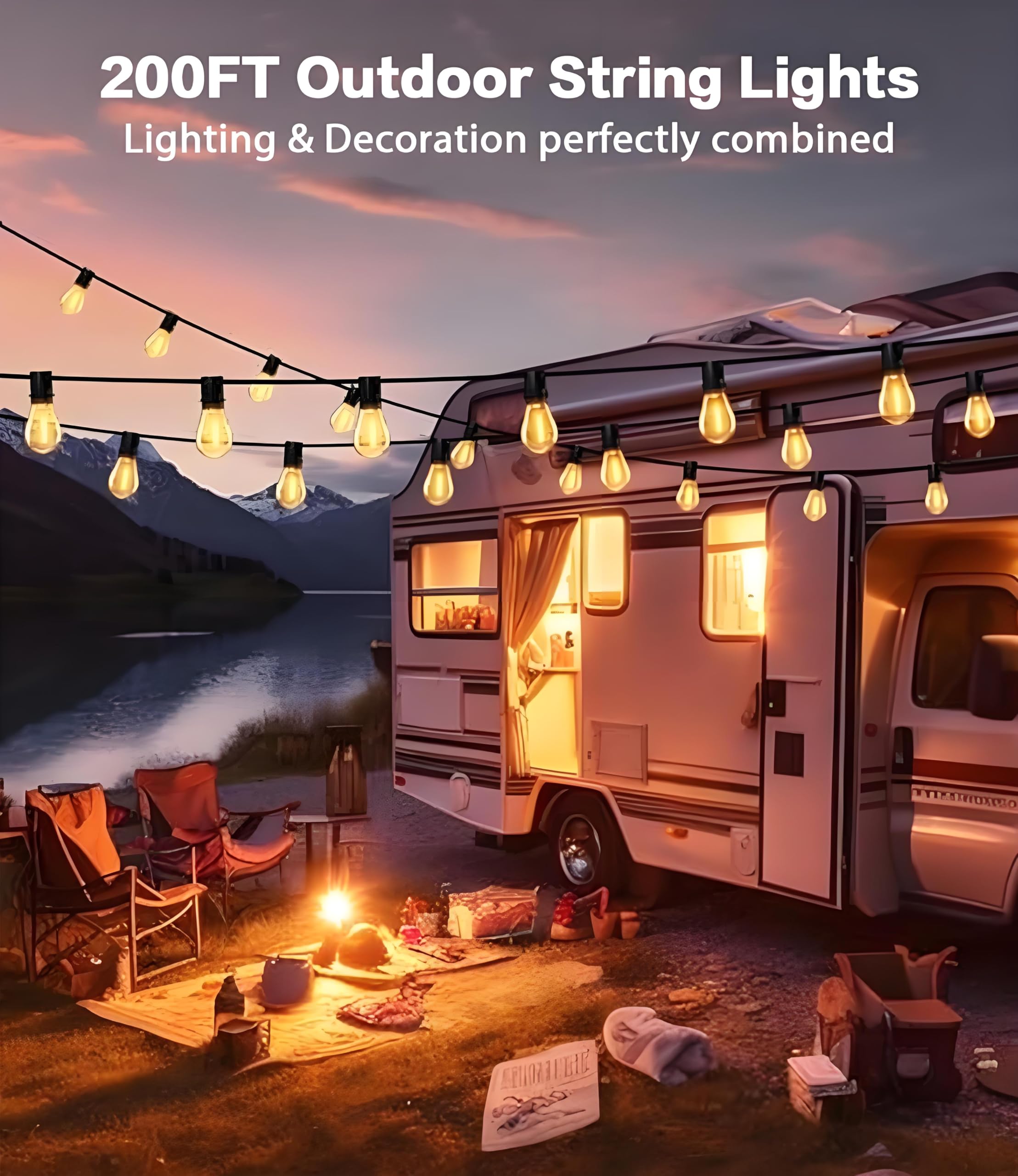 Tenmiro 200FT LED Outdoor String Lights, Warm Light, Dimmable, Remote Control, 74+2 Shatterproof Bulbs, Model S11-12FT