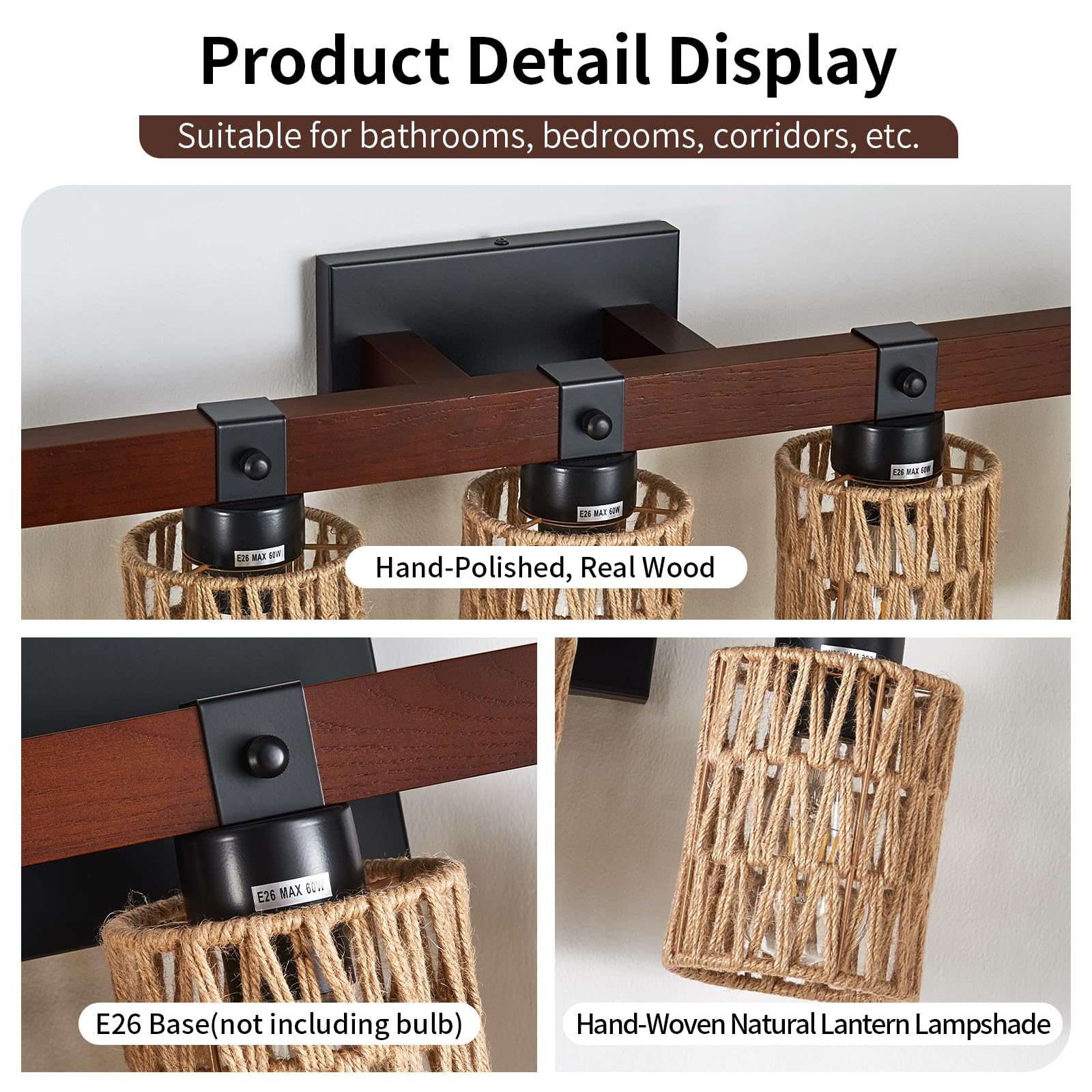 Aixialin 5-Light Farmhouse Bathroom Vanity Light Fixtures, Rustic Style Farmhouse Wood Bathroom Wall Sconce, Handmade Bamboo Wov