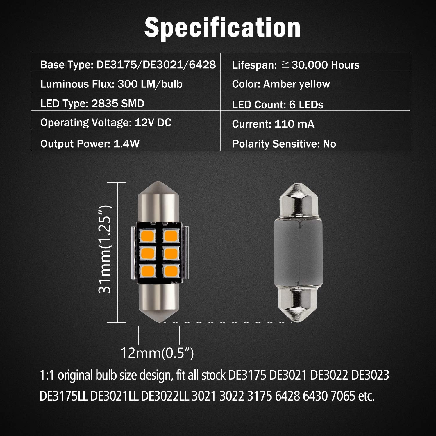 Brishine De3175 Led Bulbs, Super Bright Amber Yellow 2835 Chipsets Canbus Error Free 31Mm 1.25    Festoon De3021 De3022 3175 642