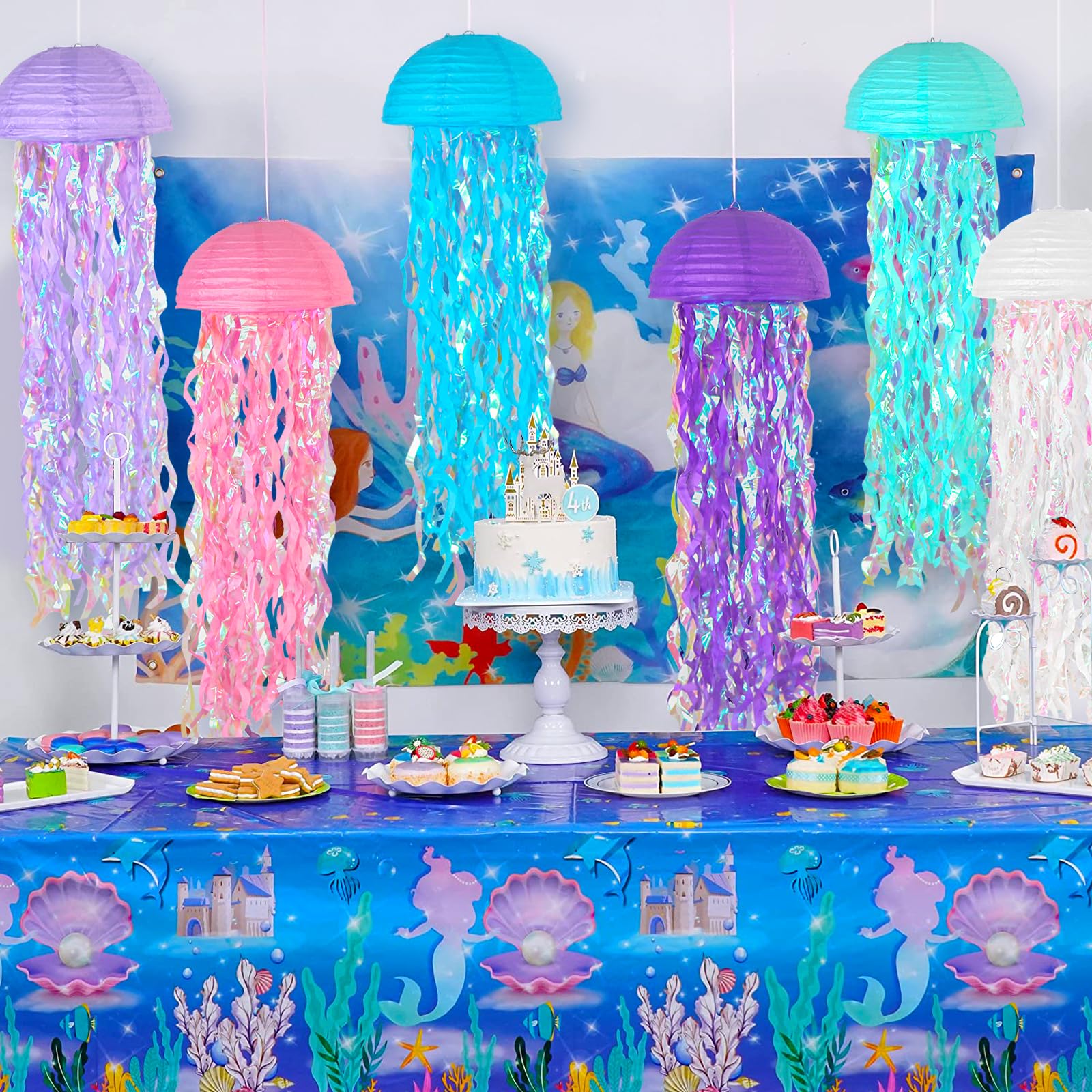 MEIDUO Jellyfish Paper Lanterns - 6 Packs Ocean Theme Party Supplies, Mixed White, Model MEIDUO414