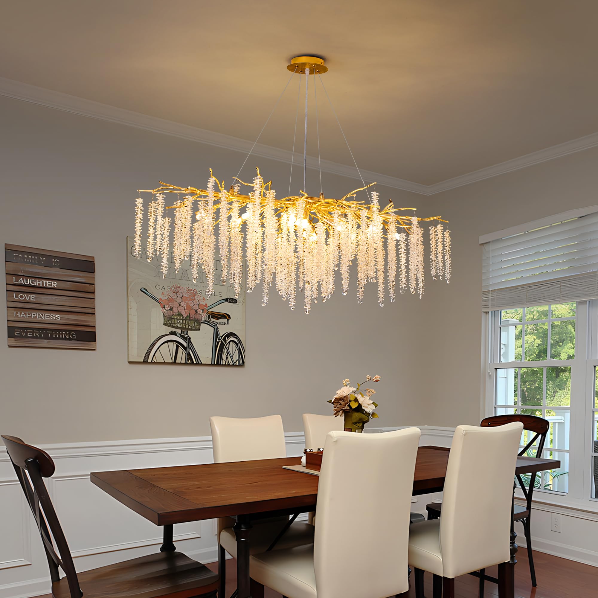 Puvaue Tree Branch Chandelier L47 Luxury Rectangular Crystal Raindrop Pendant Light 13 Lights Kitchen Island Hanging Light Fixtu