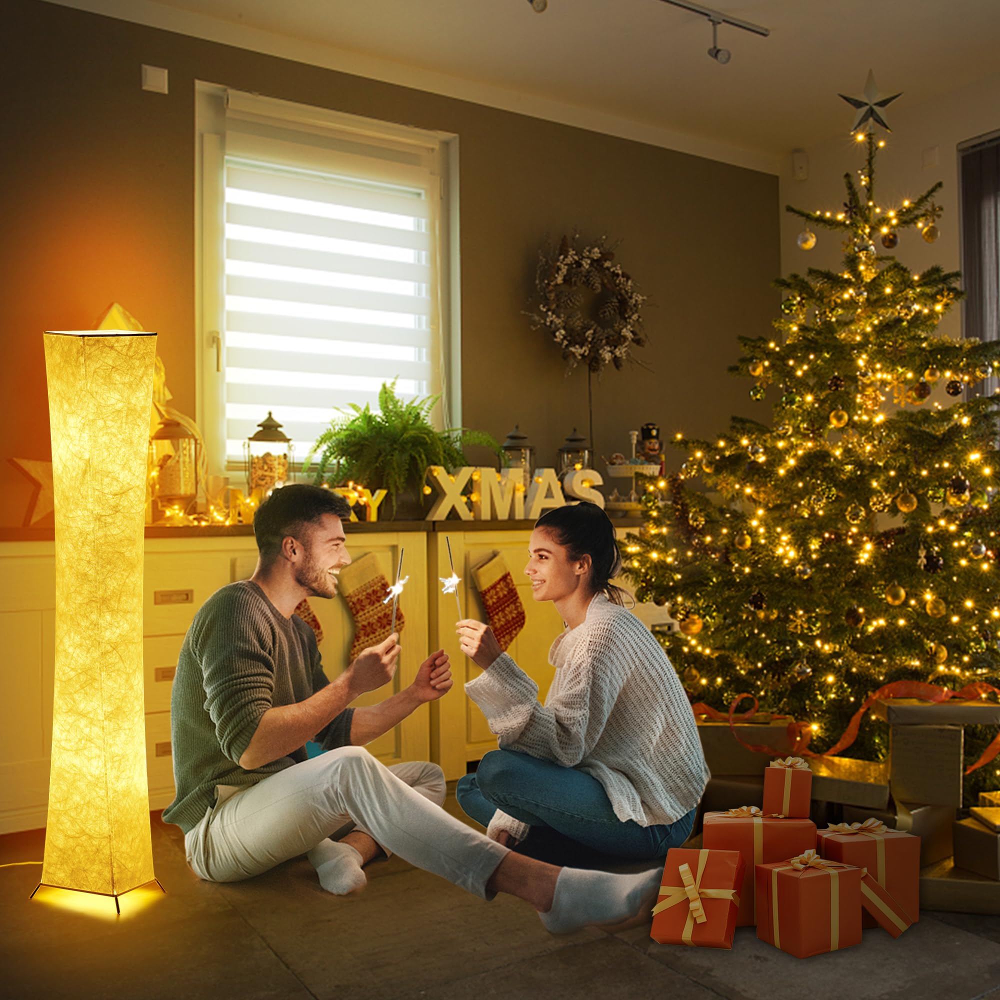 chiphy Dimmable Floor Lamp, 52" Tall, Alloy Steel, 3-Level Brightness, White Fabric Shade, Model SF211-107(A)