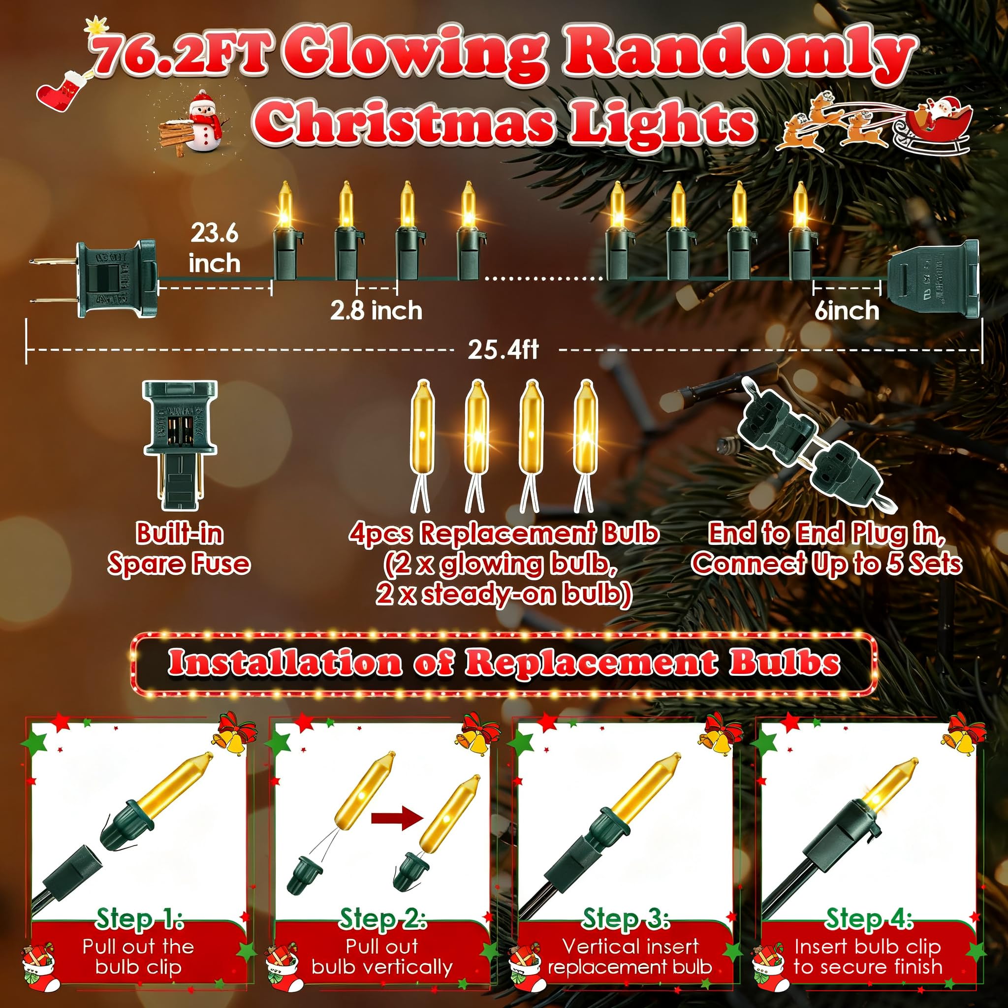 Enhon Twinkling Christmas Lights, 76.2 FT, 300 Random Bulbs, Waterproof, Gold, Model LCH7-100L/2F