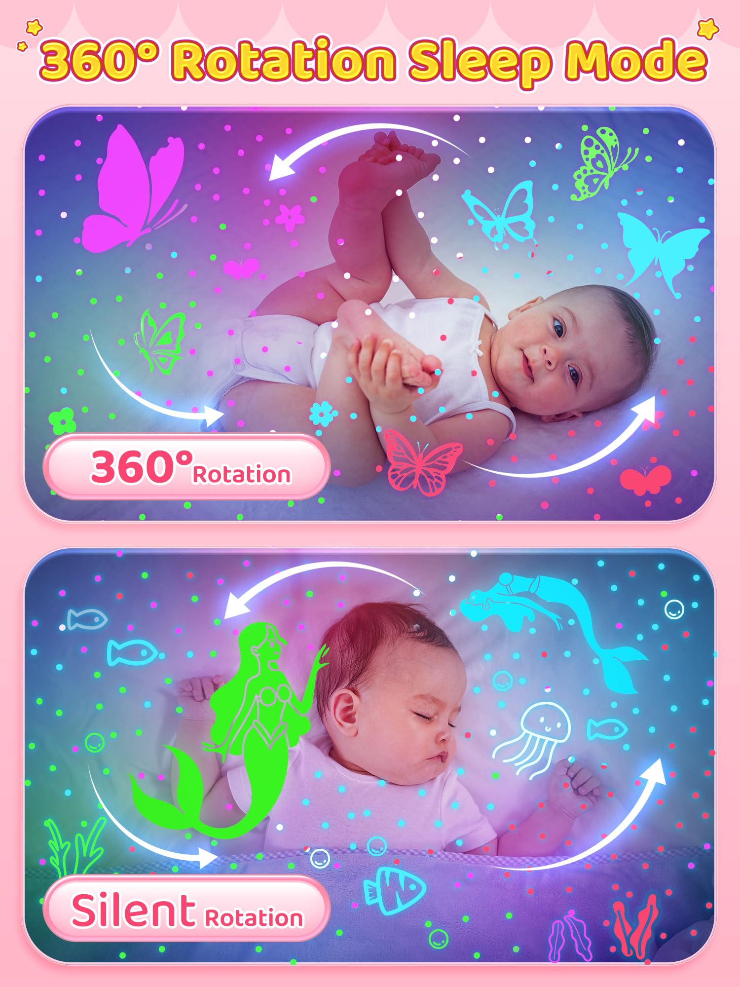 One Fire Unicorn Night Light Projector - 48 Lighting Modes, 360° Rotating, USB Rechargeable, Pink, Ideal for Kids Room Decor