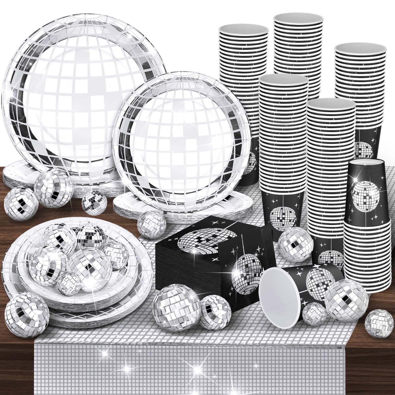Marsui Disco Party Decor Set - 121 Pcs with 25 Disco Balls, Paper Plates, Cups, Napkins, Table Runner - Black & Silver