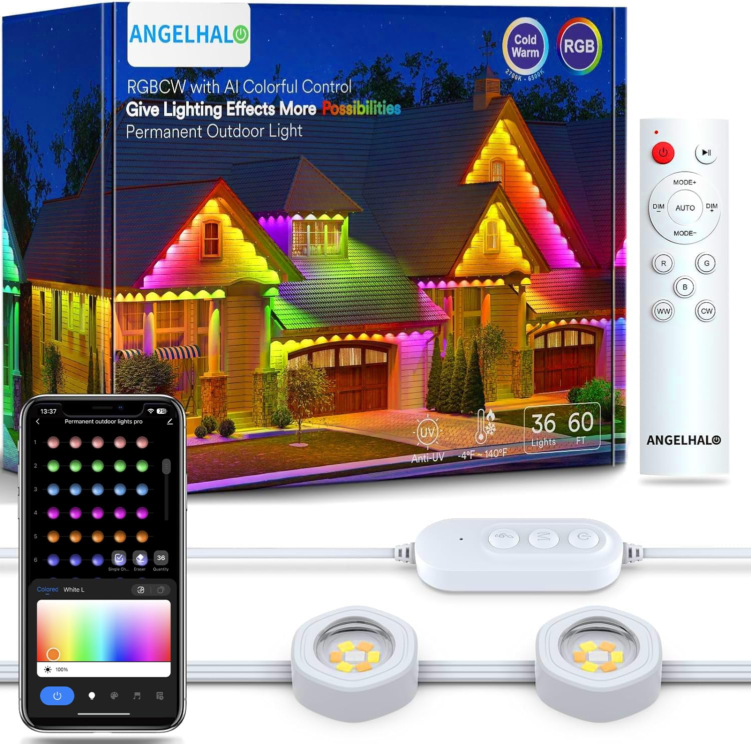 Angelhalo 50Ft Outdoor Led Lights, Ip65 Waterproof, Alexa Compatible, Warm & Cool White