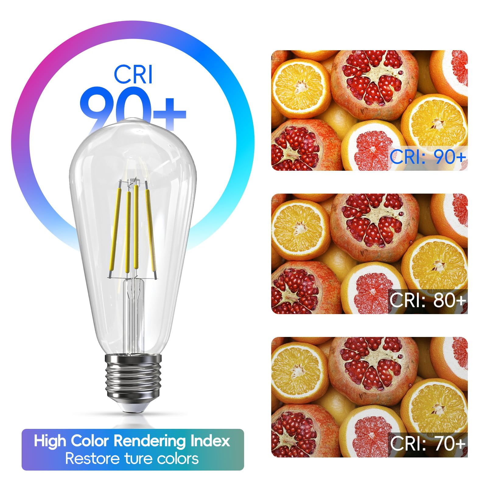 Jensense Edison Led Light Bulbs 8Watt Dimmable Light Bulbs 5000K Daylight White, E26 Led Bulb 60Watt Equivalent, Led Vintage Bulbs 800Lm Cri 90 Clear Glass 6 Packs